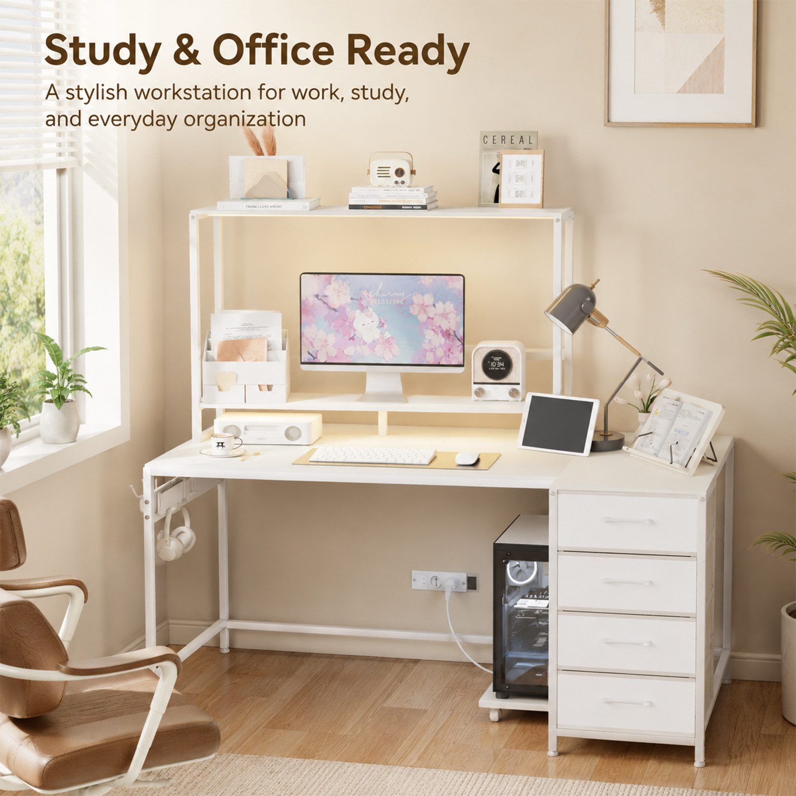 Yorbay Eckschreibtisch L-Form 140 cm mit 4 Schubladen & Steckdose, Computertisch mit USB, LED, Regal – für Gaming & Home Office