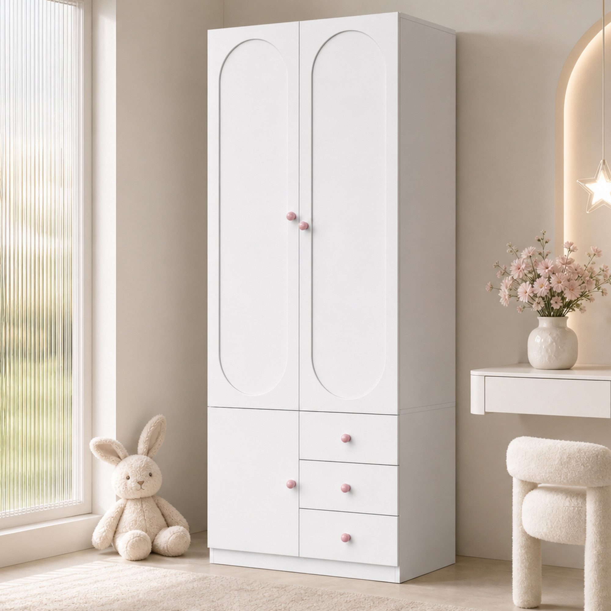HAUSS SPOLE Kleiderschrank 1st.Kinderzimmermöbel mit Kleiderstange und rosa Keramikgriffe,Weiß (Mehrzweck-Schrank Kinderkleiderschrank mit Schubladen für Schlafzimmer, 1-St) Rosa Keramikgriff-Gestaltung