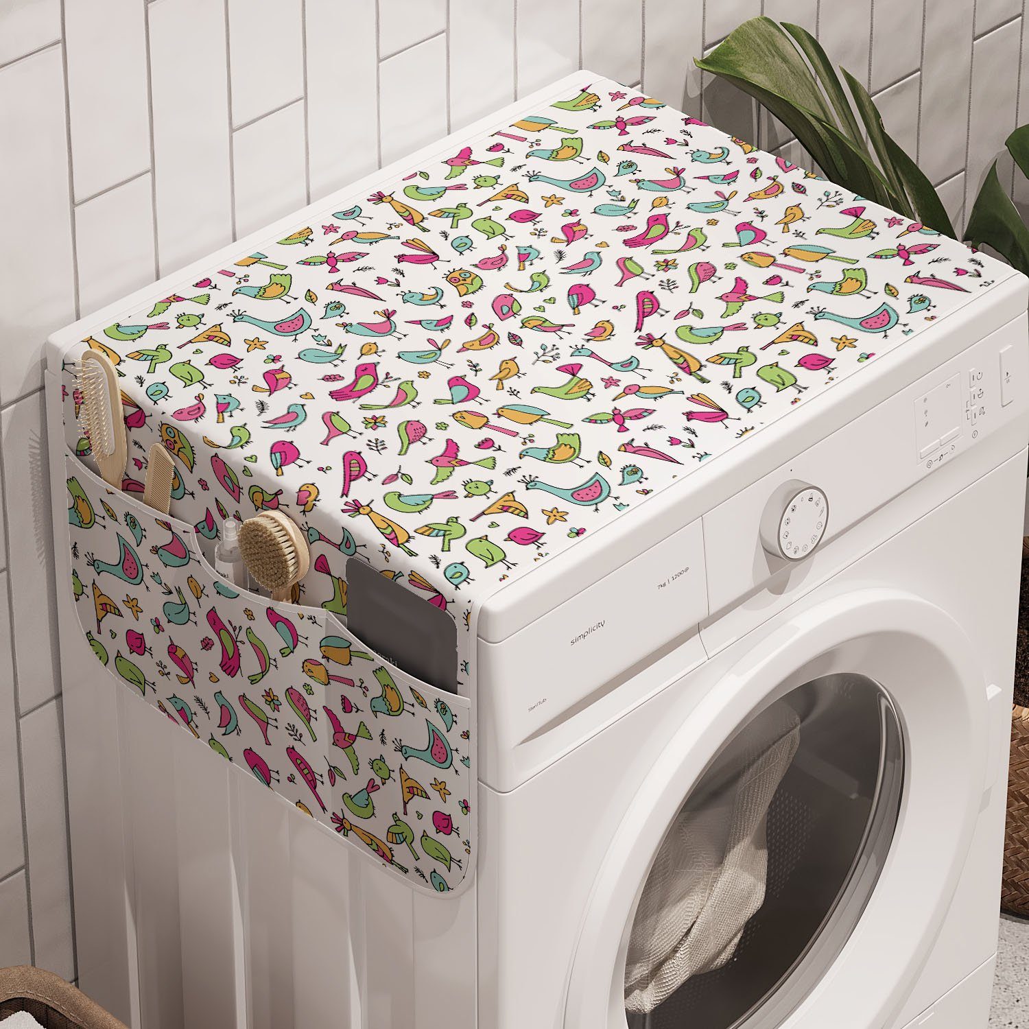 Abakuhaus Badorganizer Anti-Rutsch-Stoffabdeckung für Waschmaschine und Trockner, Vögel Doodle Blumen Details