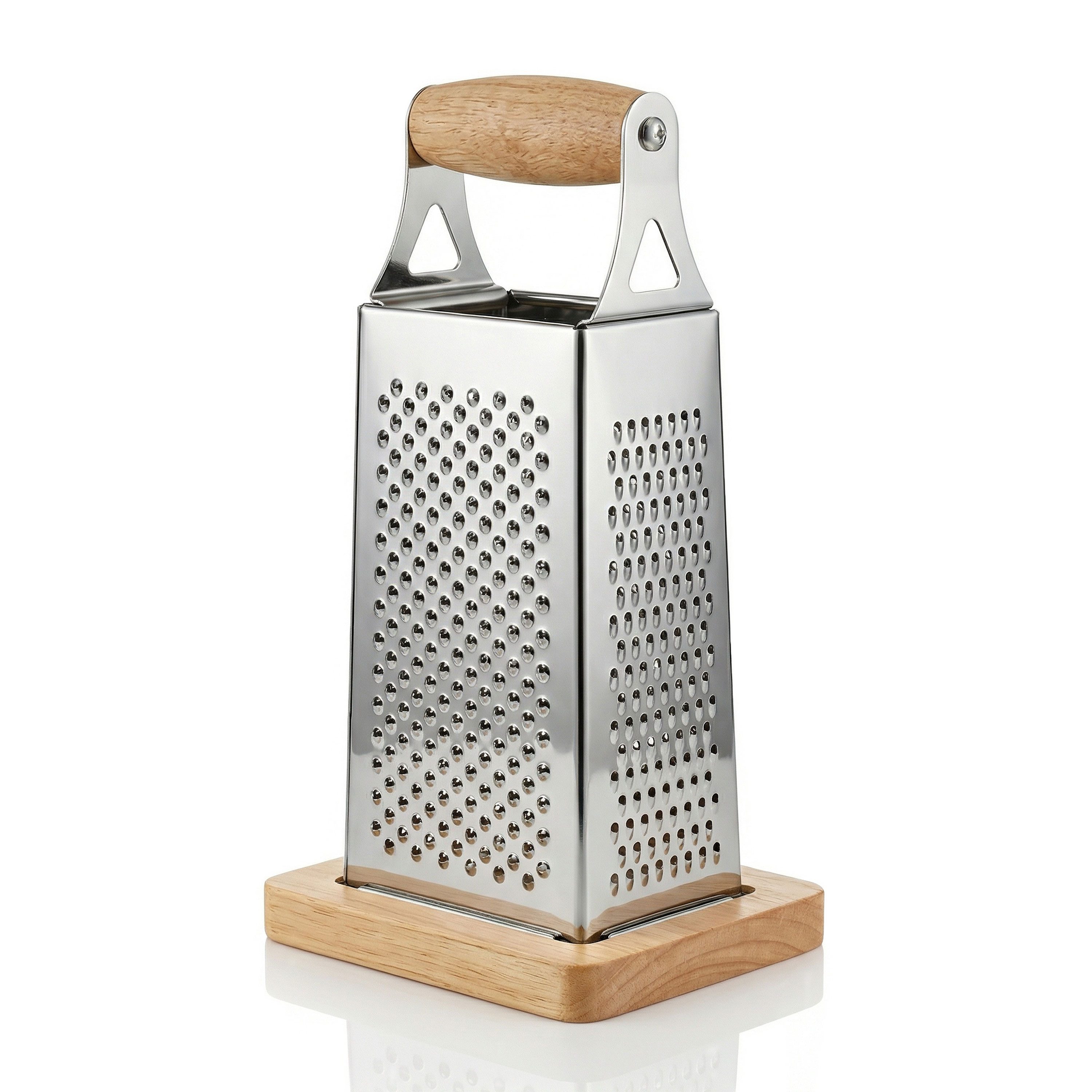 Arendo Vierkantreibe 4-Seitiger Edelstahl Gemüsehobel, Küchenreibe, Holzgriff Multireibe, Edelstahl und Echtholz, (Set, mit Echtholzbasis und Holzgriff), Kartoffelreibe, Grater, Gemüsereibe, rutschfest, mit Holzbasis