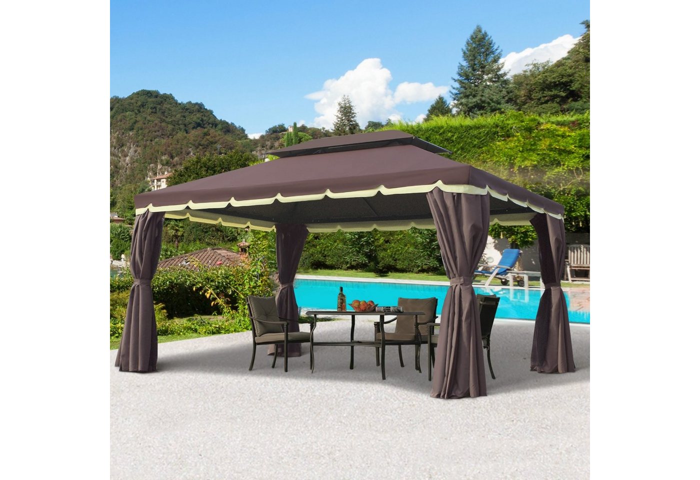 Thumbnail - Outsunny Pavillon Pavillion, (Set), Gartenpavillon Pavillon Gartenzelt mit Seitenteile Moskitonetz Kaffee