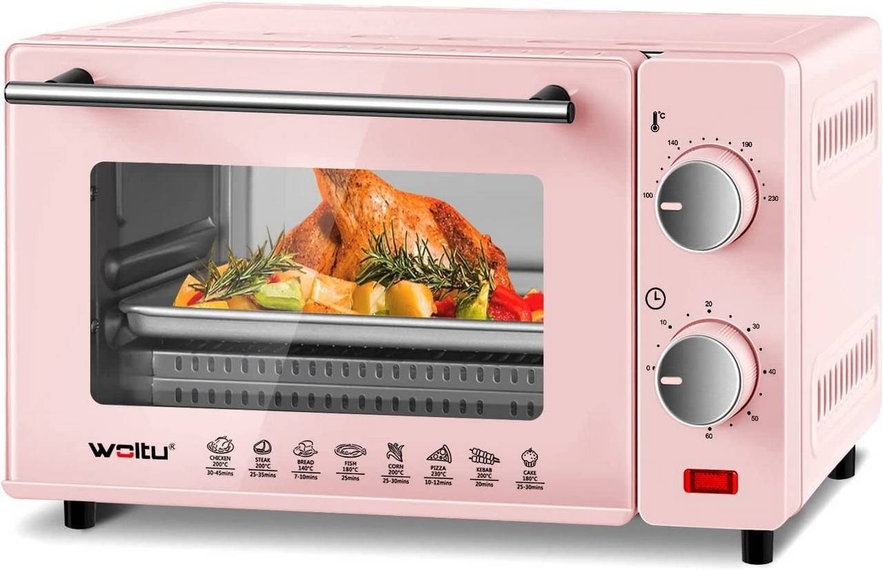 Woltu Minibackofen, 10 Liter, 650 Watt Pizzaofen Krümelblech mit Timer rosa