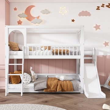 Flieks Etagenbett, Massivholz Kinderbett Hausbett mit Rutsche und Leiter 90x200cm