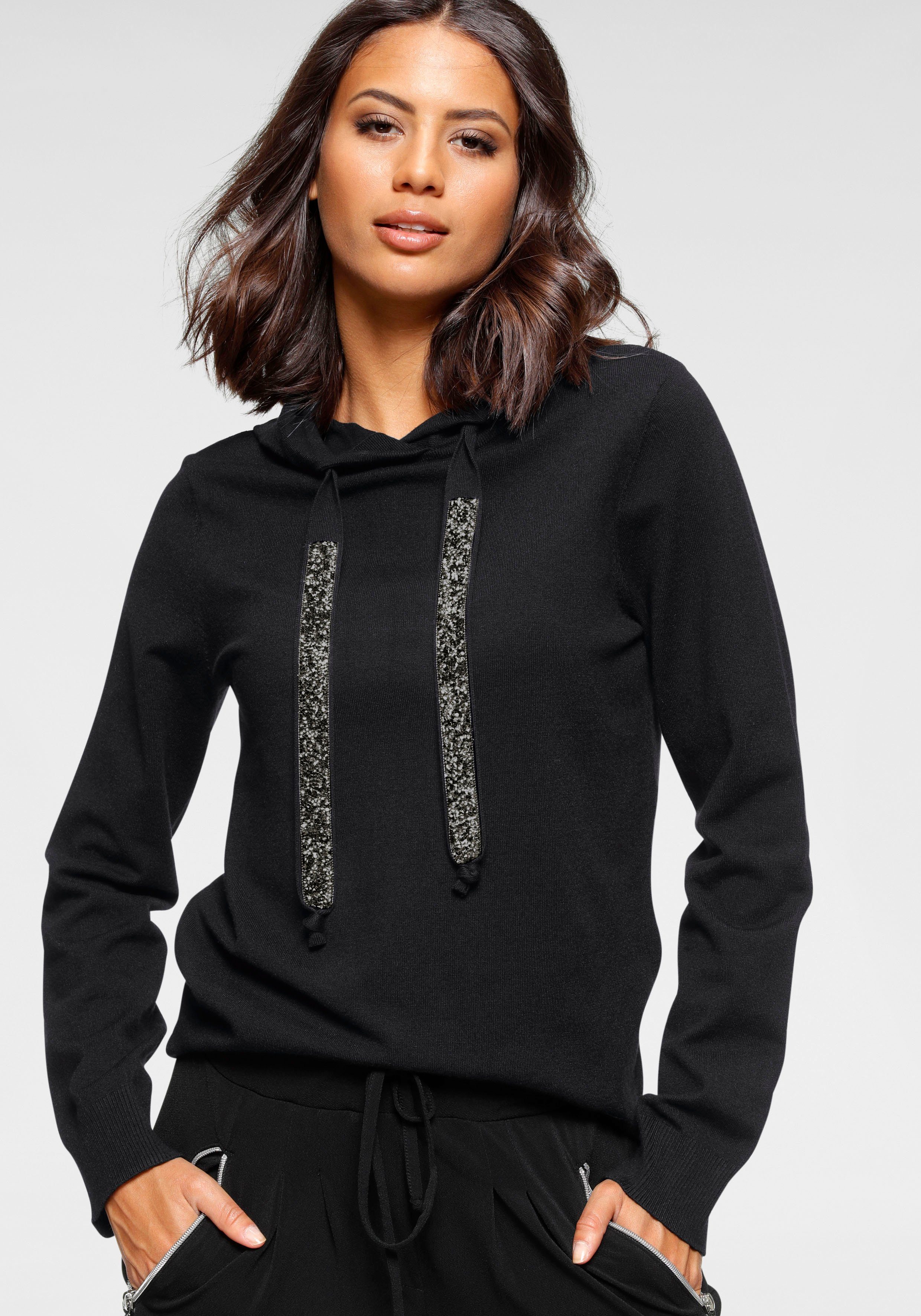 Laura Scott Strickpullover mit Kapuze und glitzernden Bändern günstig online kaufen