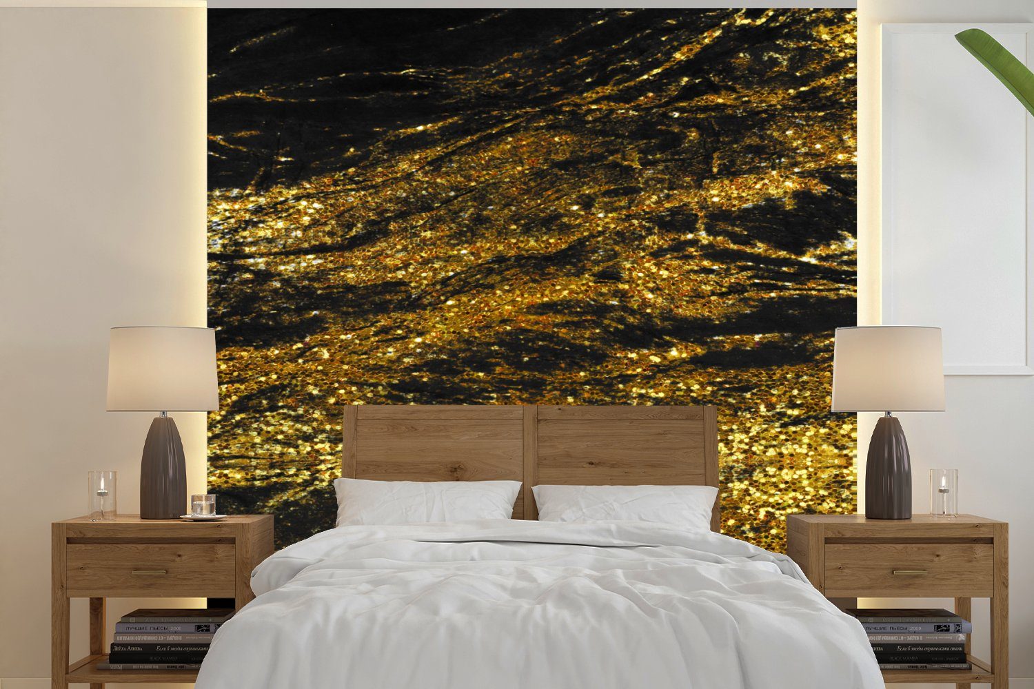 MuchoWow Fototapete Marmor - Gold - Schwarz - Glitter, Matt, bedruckt, (4 St), Vliestapete für Wohnzimmer Schlafzimmer Küche, Fototapete