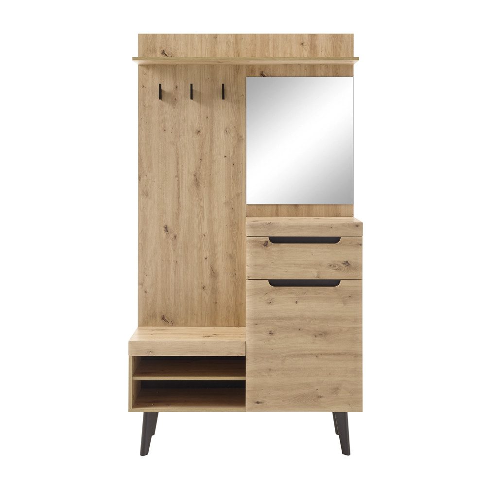 Lomadox Garderobe TIROL-61, Garderobe in Eiche Artisan Nb. mit Spiegel und Sitzbank, 110/200/34 cm