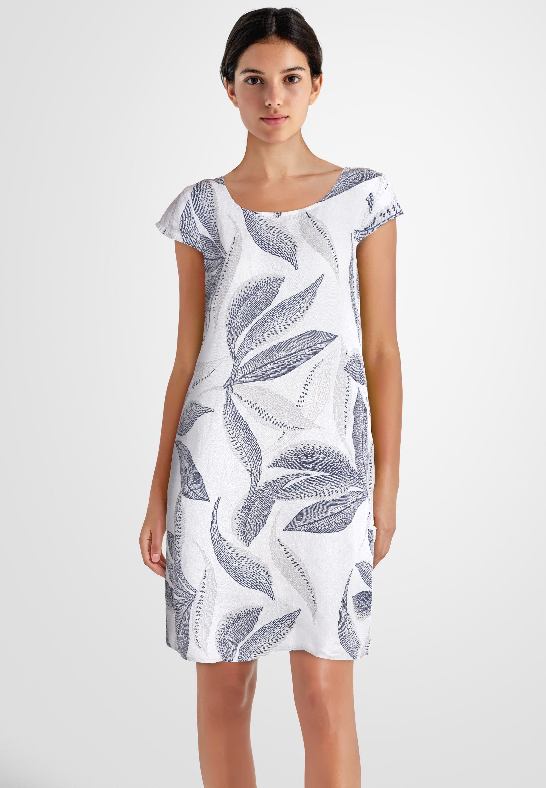 PEKIVESSA Sommerkleid Leinenkleid knielang kurzarm mit Blattmuster günstig online kaufen