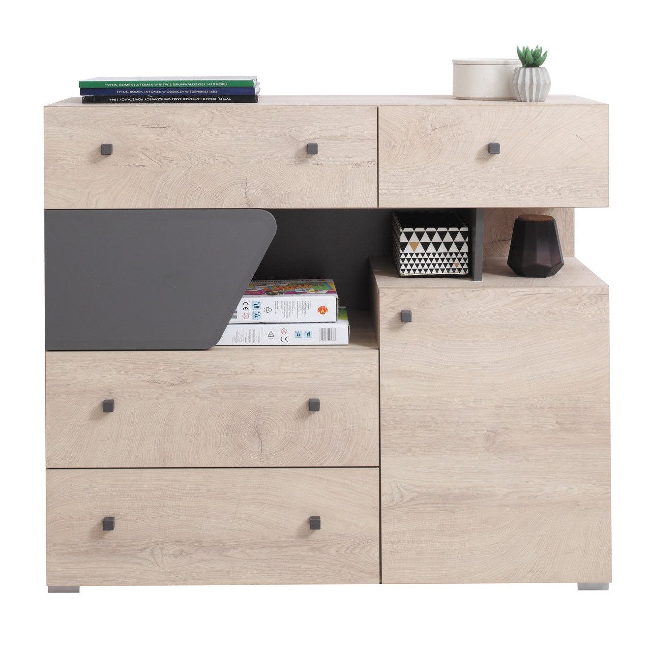 Deine Möbel 24 Kommode DARLA D11 Kommode mit Schubladen Schränkchen Regalen (Set, 1 St., Set), modernes trendiges Jugendzimmer Kinderzimmer, 45 cm breit Eiche Grau