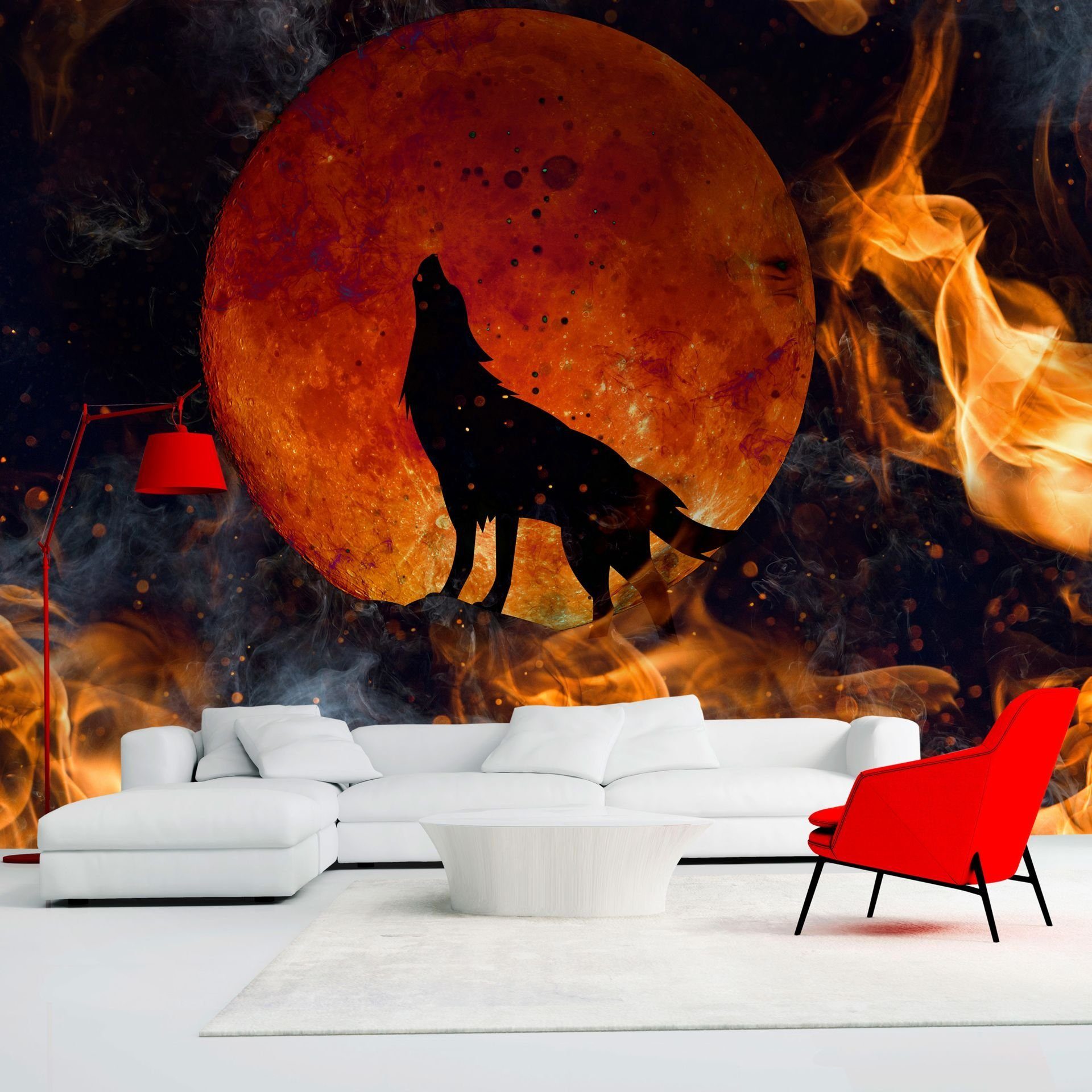 KUNSTLOFT Vliestapete Wolf on Fire 1x0.7 m, halb-matt, lichtbeständige Design Tapete