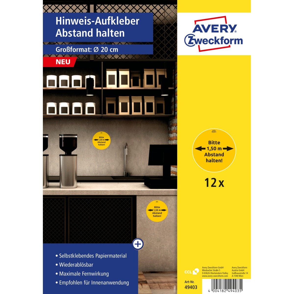Avery Zweckform Etiketten AVERY Zweckform Hinweis Aufkleber Abstand halten gelb/schwarz Ø200mm