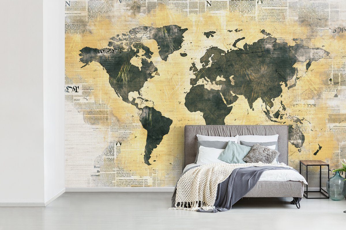 (6 Wohnzimmer, MuchoWow - Schlafzimmer, - Wallpaper bedruckt, Kinderzimmer, für Vinyl Weltkarte Gold, Zeitung Tapete Fototapete Matt, St),