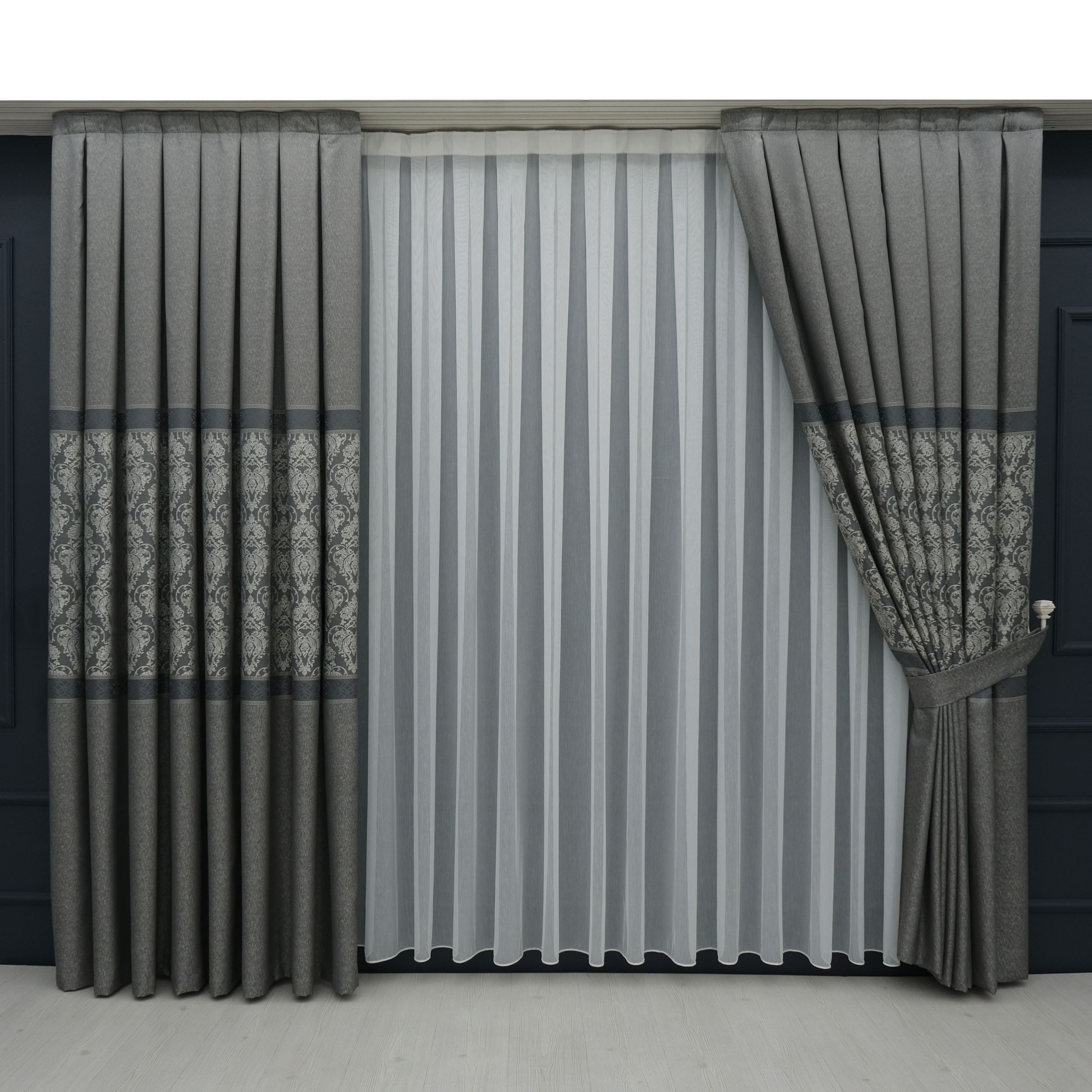 Gardinen by Justyna Vorhang Komplett-Set Vorhang Grau – Falten mit Store (5 St), Kräuselband, Fertiggardine, Halbtransparent, Faltenband, Komplett-Set, Pflegele – Bild 4 von 5