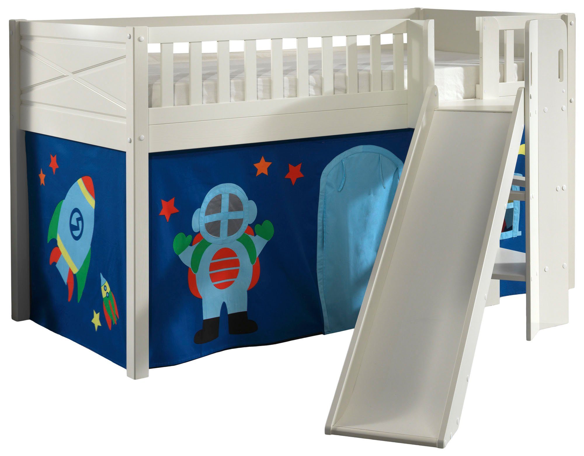 Vipack Hochbett Scott m. Rutsch-/Leiterturm, LF 90x200 cm, Vorhang, Tunnel, 4 Designs Blau mit Design Weltall