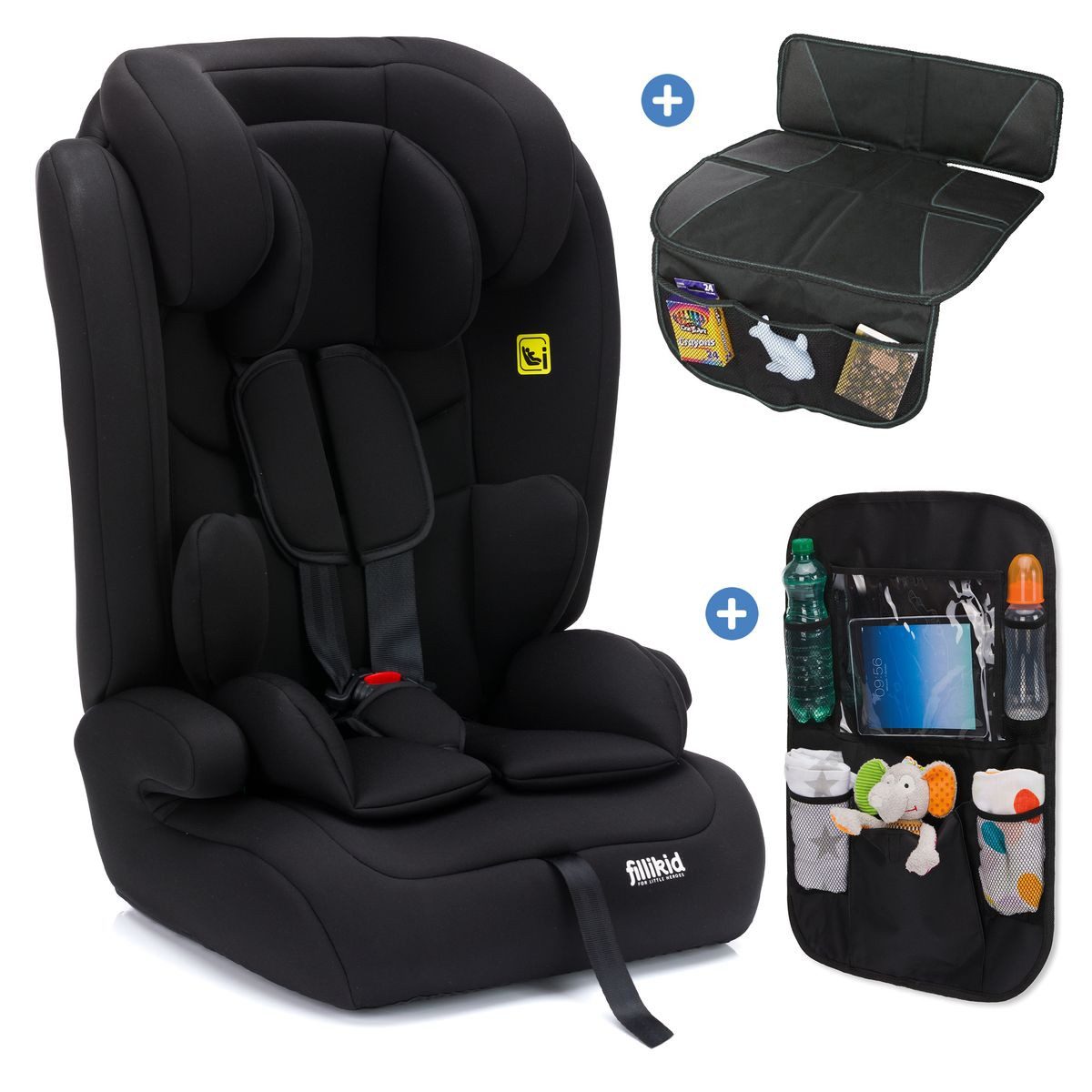 Fillikid Autokindersitz Oli i-Size - Schwarz, ab: 9 Monaten, bis: 12 Jahren, Kinder Autositz 9 Monate-12 Jahre mit Autositz Tasche & Polsterschutz