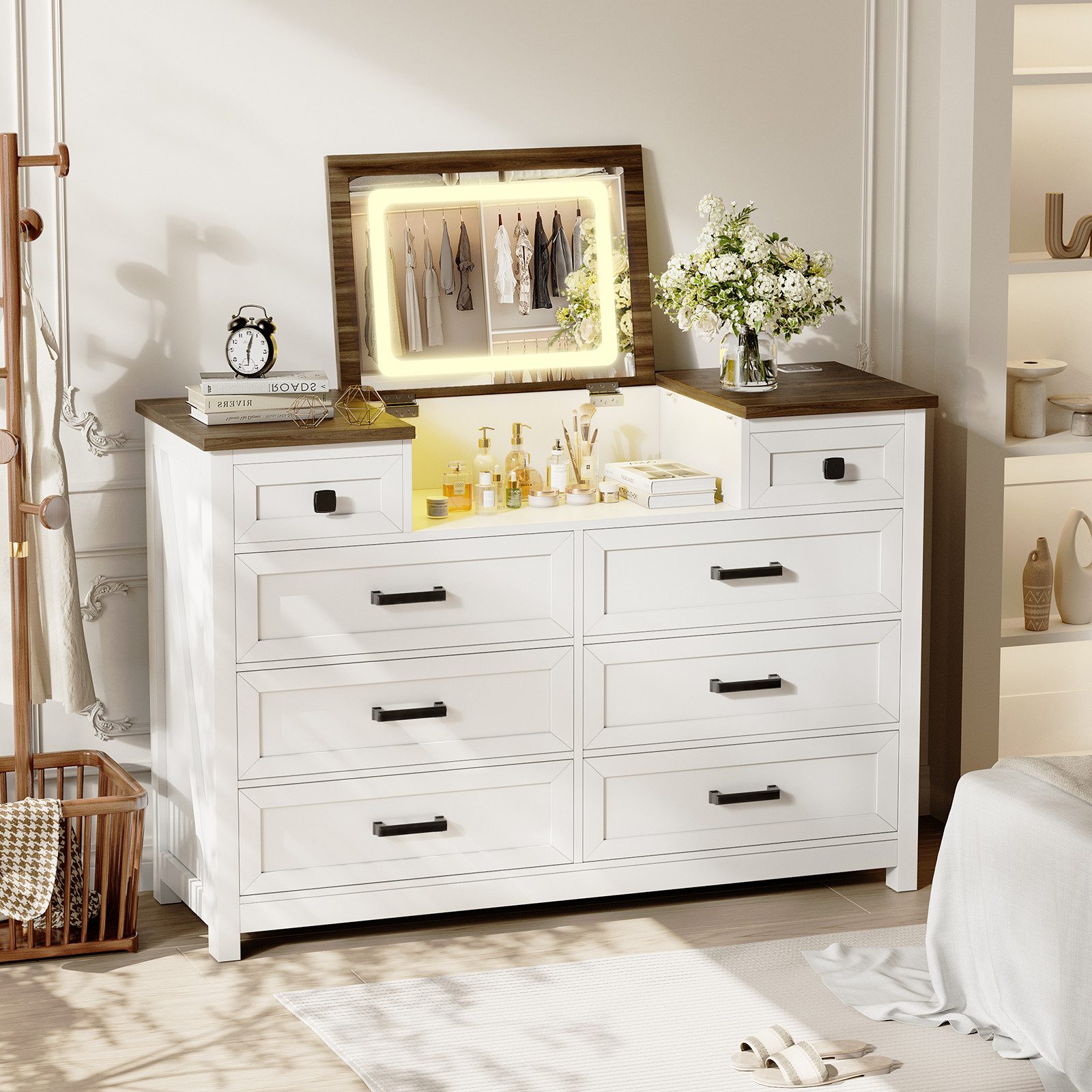 BROTTAR Schubkastenkommode mit 8 Schubladen, Ladestation und umkehrbaren LED - Spiegel, aus hochwertigem MDF - Material, leicht zu montieren, weiß+braun