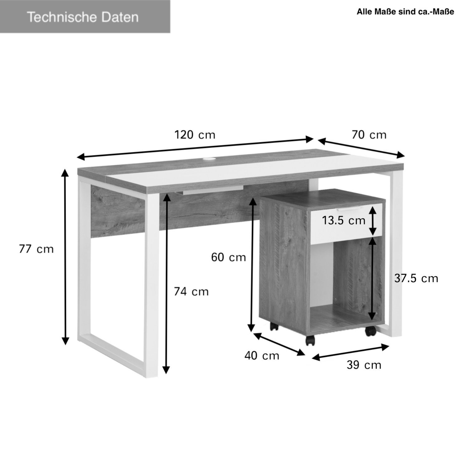 Rollcontainer SVEA 2-St), B&D Noel mit Wildeiche-Weiß (2-teilig, Regal-Schreibtisch home Büro-Set