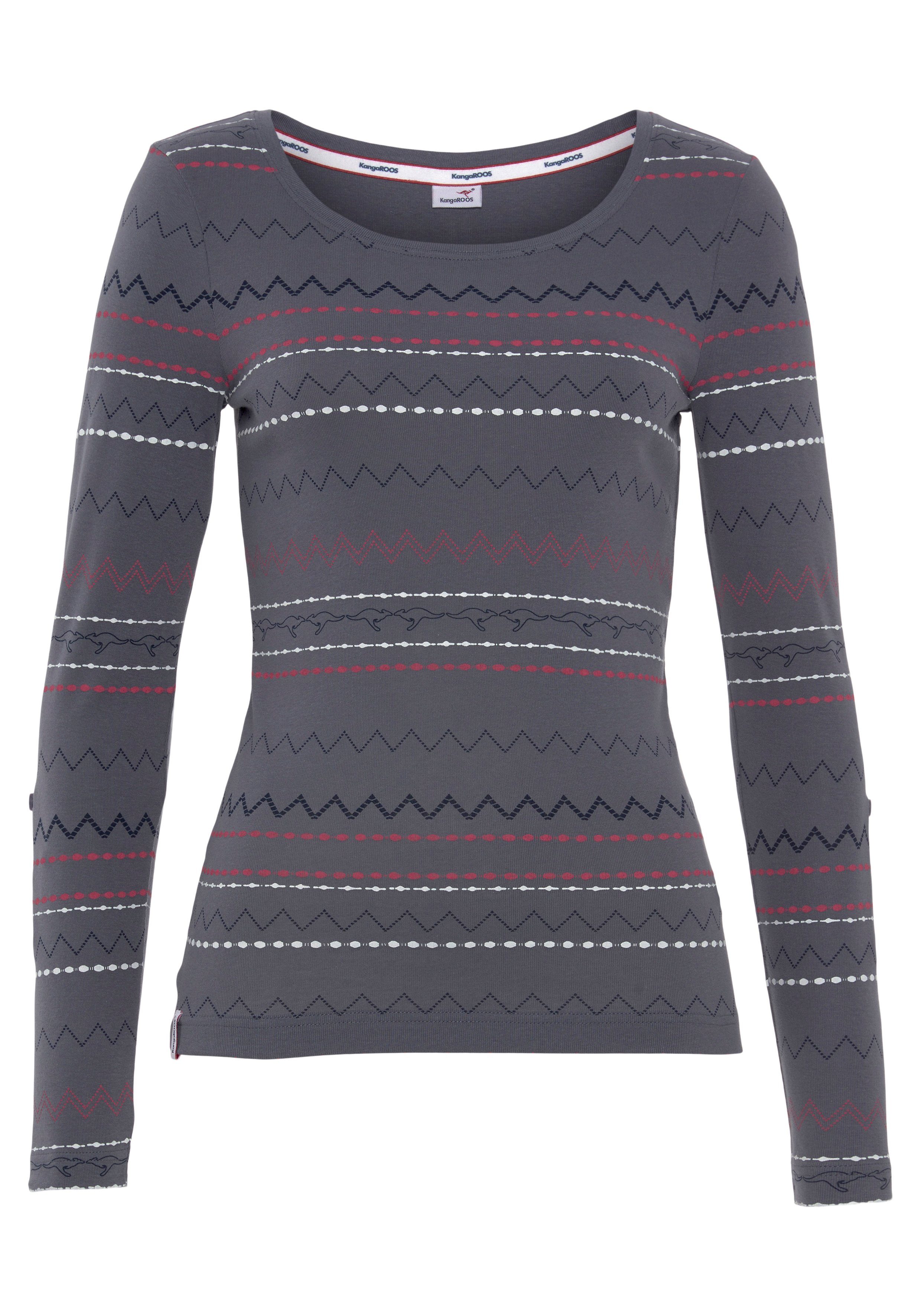 KangaROOS Langarmshirt sehr figurbetonte Passform, mit Zick-Zack-Muster, aus 100% Baumwolle