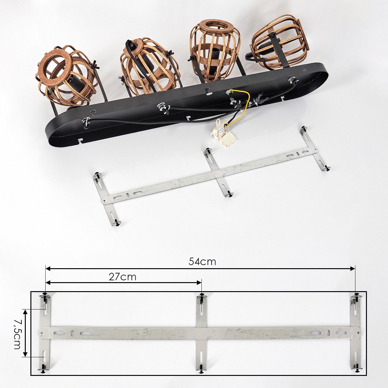 verstellbaren Schwarz/Natur, mit Boho aus »Pontecagnano« Schirmen in Metall/Holz/Rattan Gitter-Optik, 4xE14 Leuchte Deckenlampe Deckenleuchte ohne in Leuchtmittel, hofstein