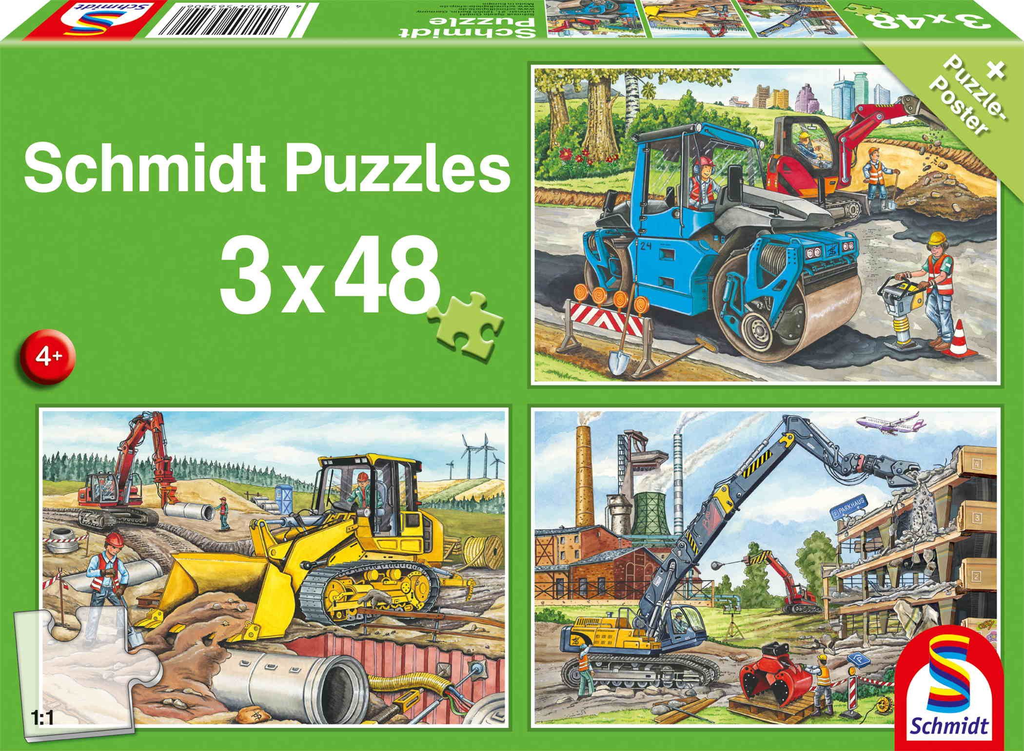 Schmidt Spiele Puzzle 3 x 48 Teile Puzzle Meine liebsten Baustellenfahrzeuge 56520, Puzzleteile