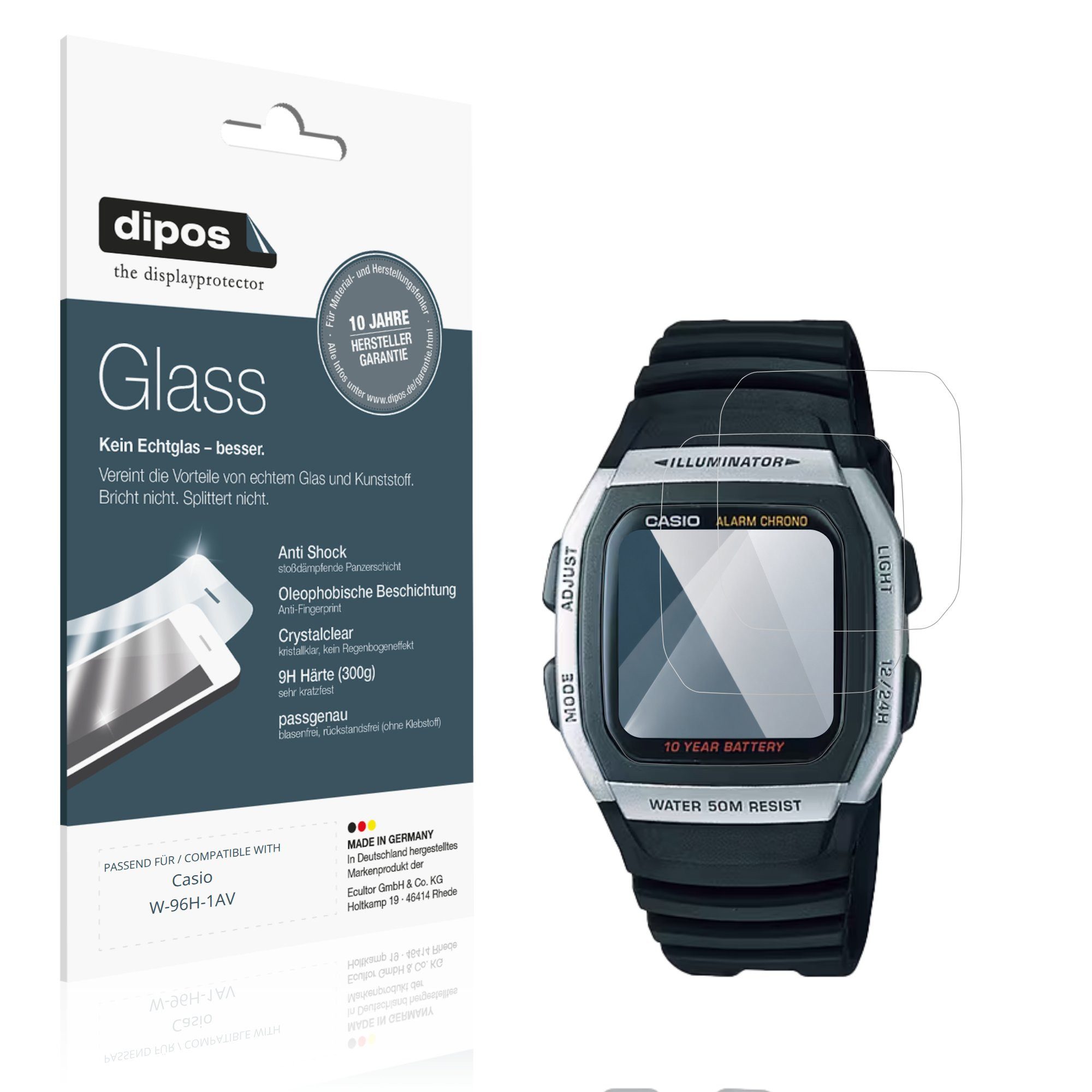 dipos Displayschutzfolie Schutzfolie für Casio W-96H-1AV, 2 Stück, Displayschutz Schutz Folie Made in Germany
