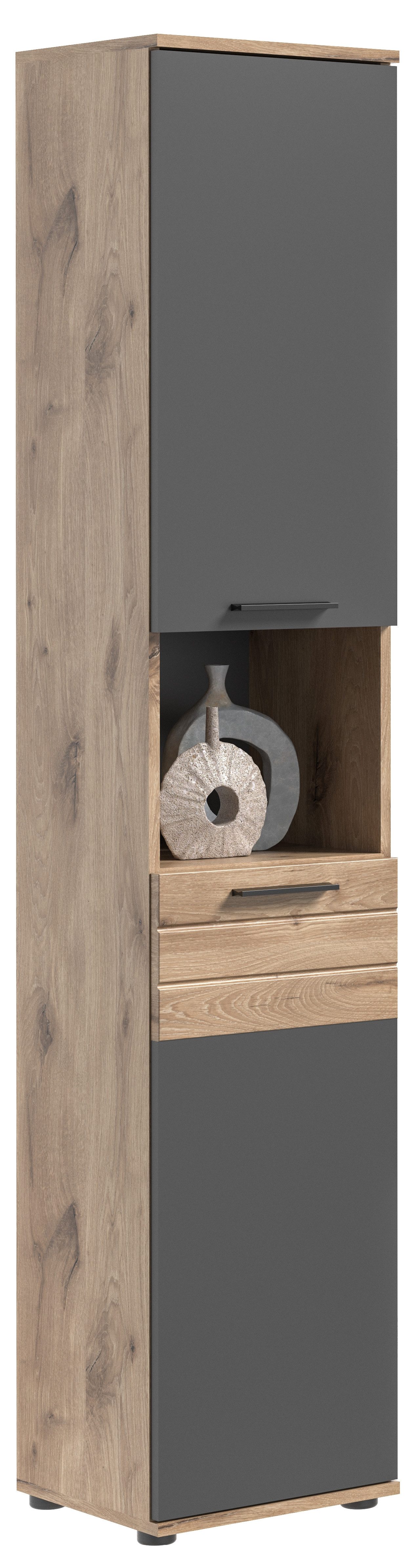Newroom Hochschrank Eiche 190 cm Schrank Eiche Basalt Grau Industrial Badschrank Hochschrank Bad