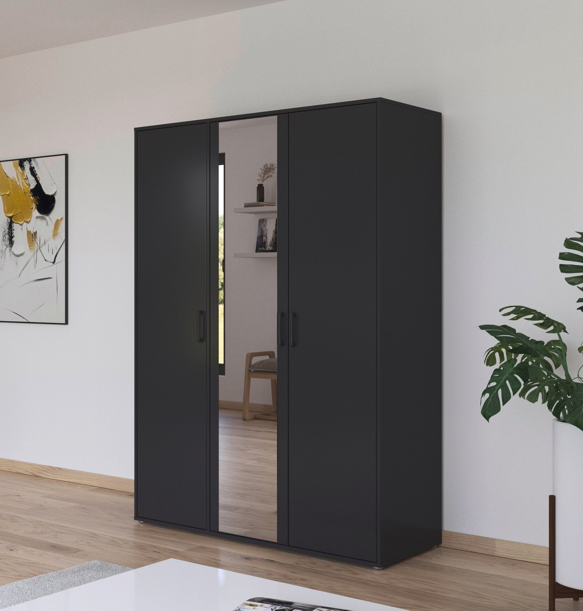 rauch Drehtürenschrank Kleiderschrank Schrank Garderobe Wäscheschrank VOYAGER (in 3 verschiedenen Ausstattungen BASIC/CLASSIC/PREMIUM) mit modernen Griffen in Graumetallic und Spiegel
