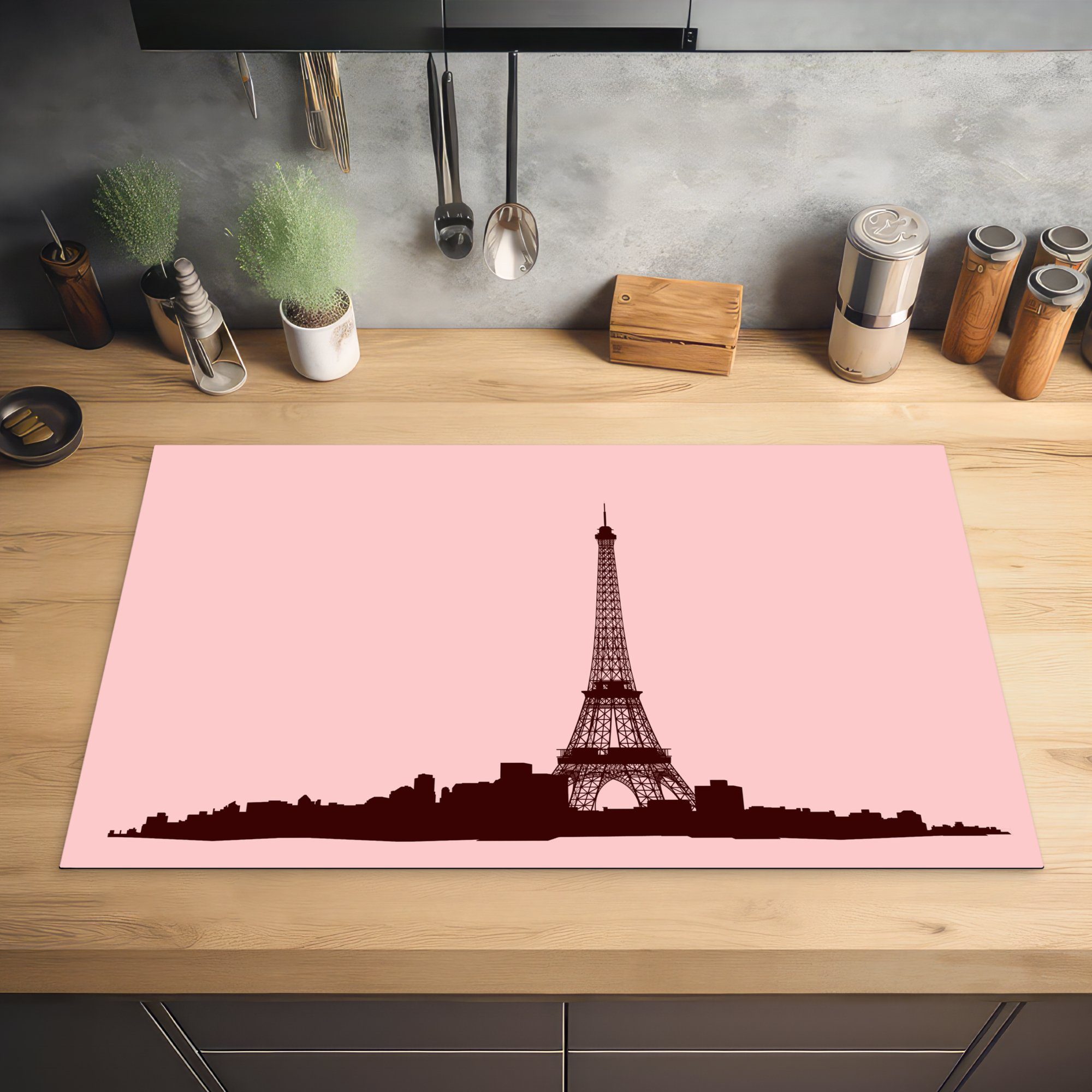 Ceranfeldabdeckung, Eine cm, des Eiffelturms Arbeitsplatte Vinyl, MuchoWow Herdblende-/Abdeckplatte (1 in für küche Rosa, Illustration tlg), 83x51