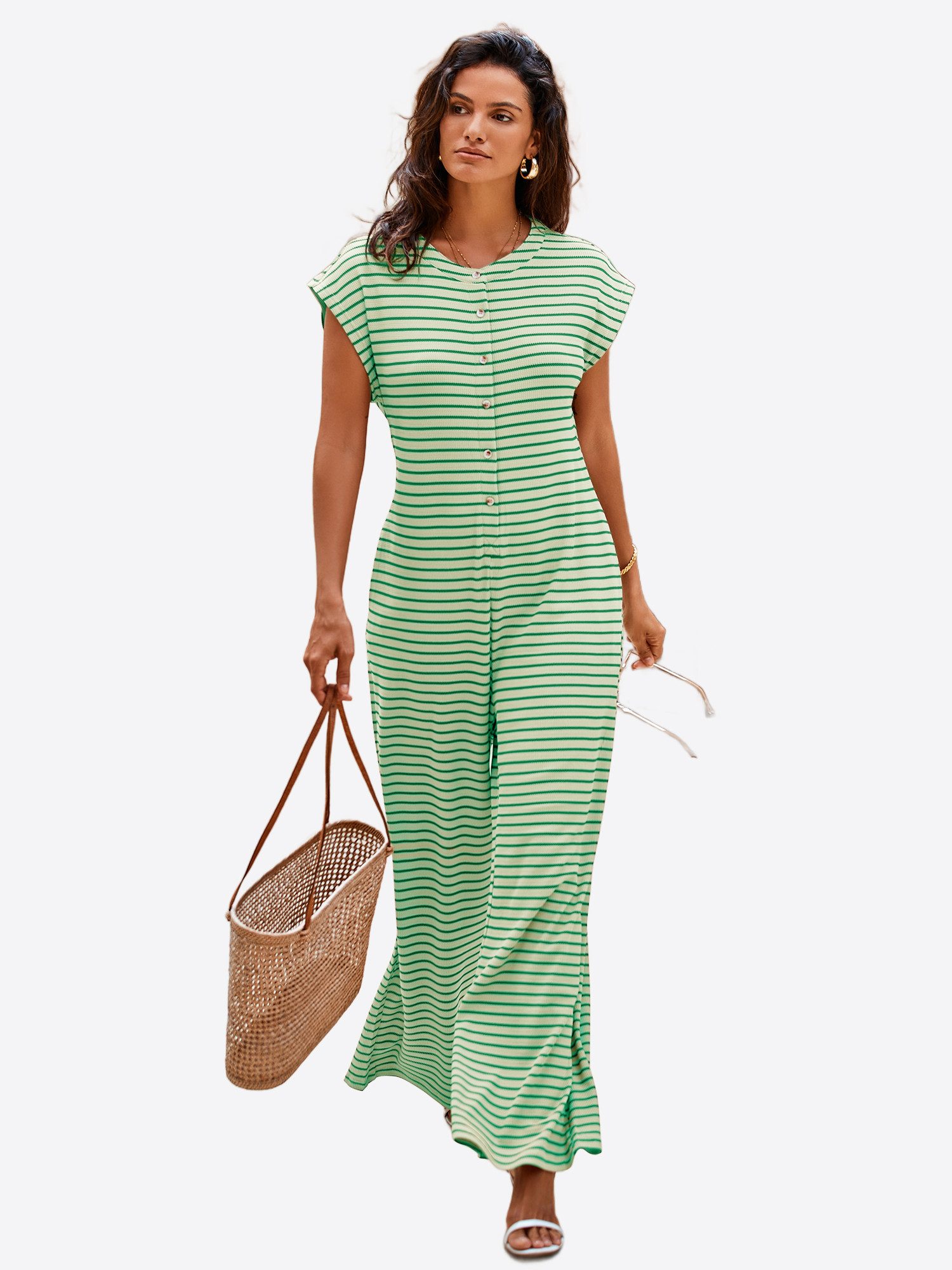 Imily Bela Jumpsuit Damen Hausanzug Homewear Gestreift Weit Bein Waffelstrick Sommer Loose (Packung, 1-tlg., 1per-Pack) mit Knopfleiste gehäkelt