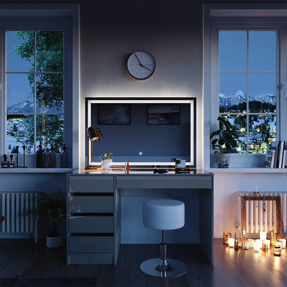 Schminktisch Sherry, Greige, 120 cm mit LED-Spiegel und Hocker