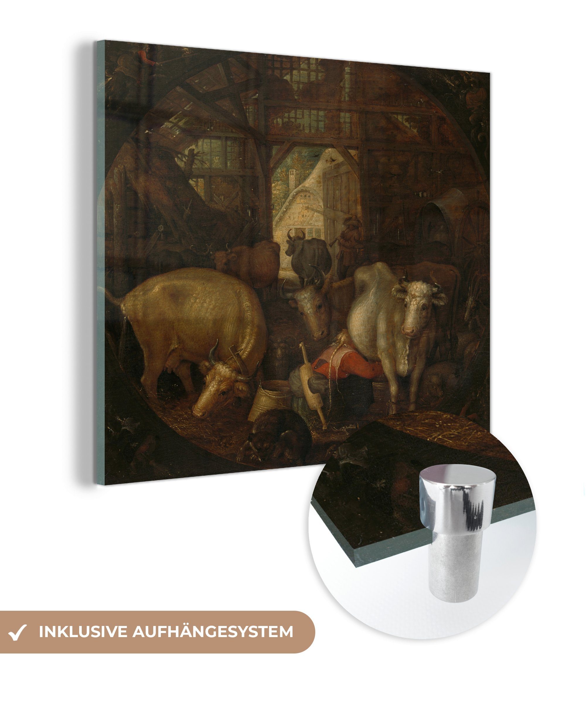 in (1 Foto Ecken Glas - Wandbild Acrylglasbild In MuchoWow St), Wanddekoration Bilder vier Hexen - einem Stall; von - Glas Kühe Roelant, Glasbilder - auf Gemälde den auf