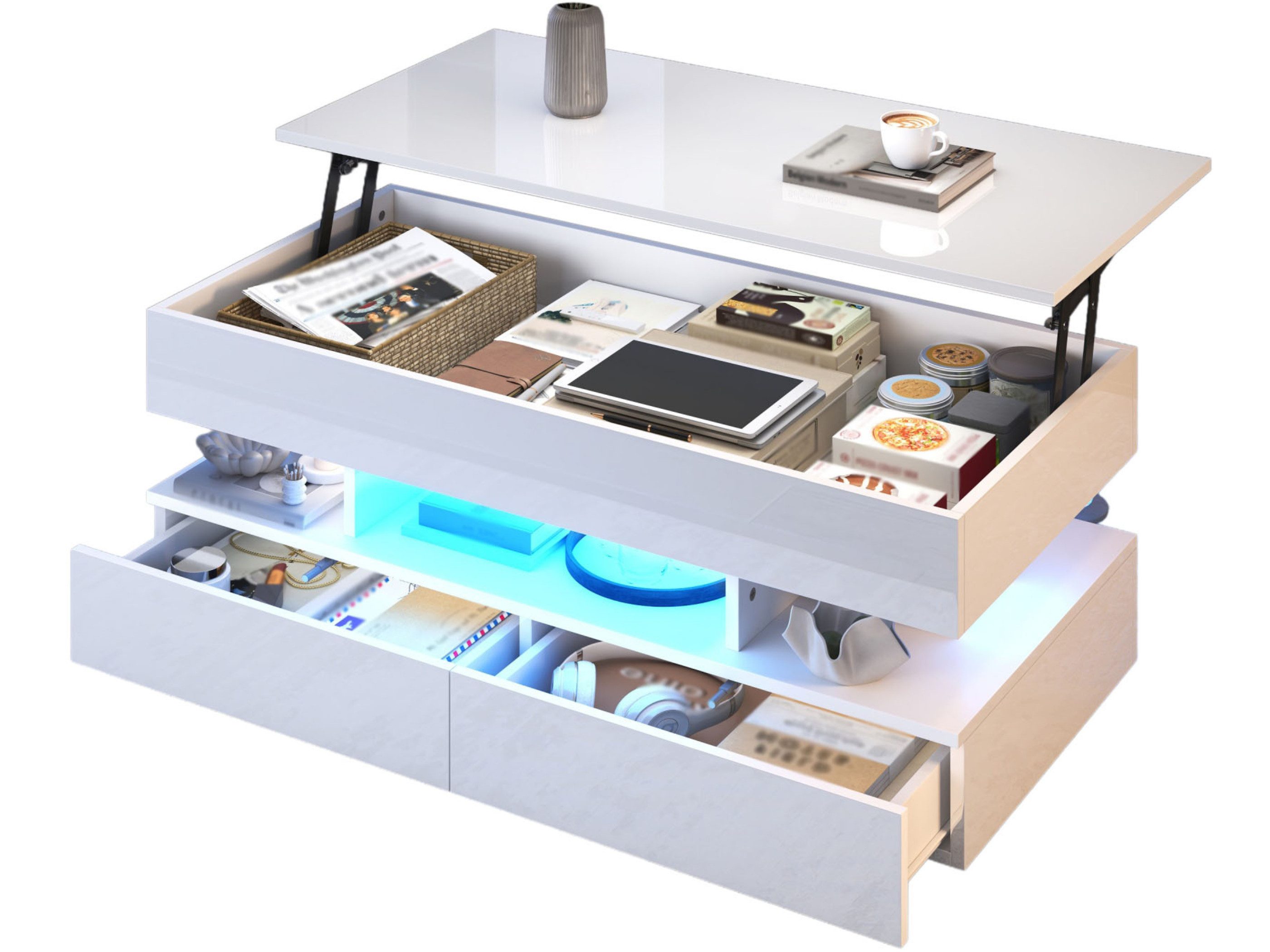 SeedWave Couchtisch Sofatisch in Rechteck 100cm mit Hebeplatte, LED-Beleuchtung, Stauraum, Wohnzimmertisch mit Hochglanz-Fronten, Drucktüröffner