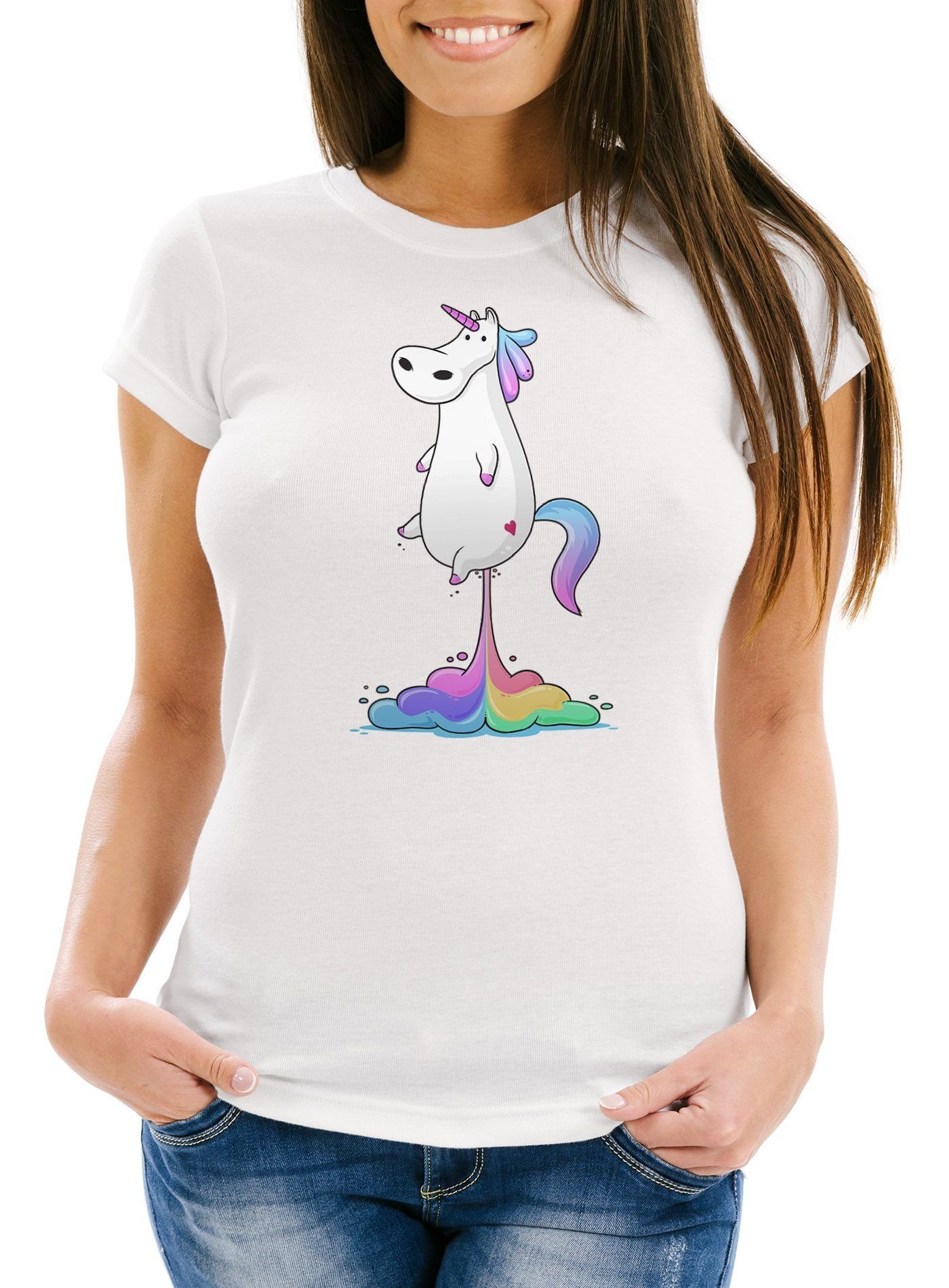 MoonWorks Print-Shirt Pups Einhorn Damen T-Shirt Slim Fit Moonworks® mit Print weiß
