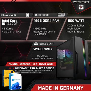 SYSTEMTREFF Basic Gaming-PC (Intel Core i5 12400F, GeForce GTX 1650, 16 GB RAM, 512 GB SSD, Luftkühlung, Windows 11, WLAN)