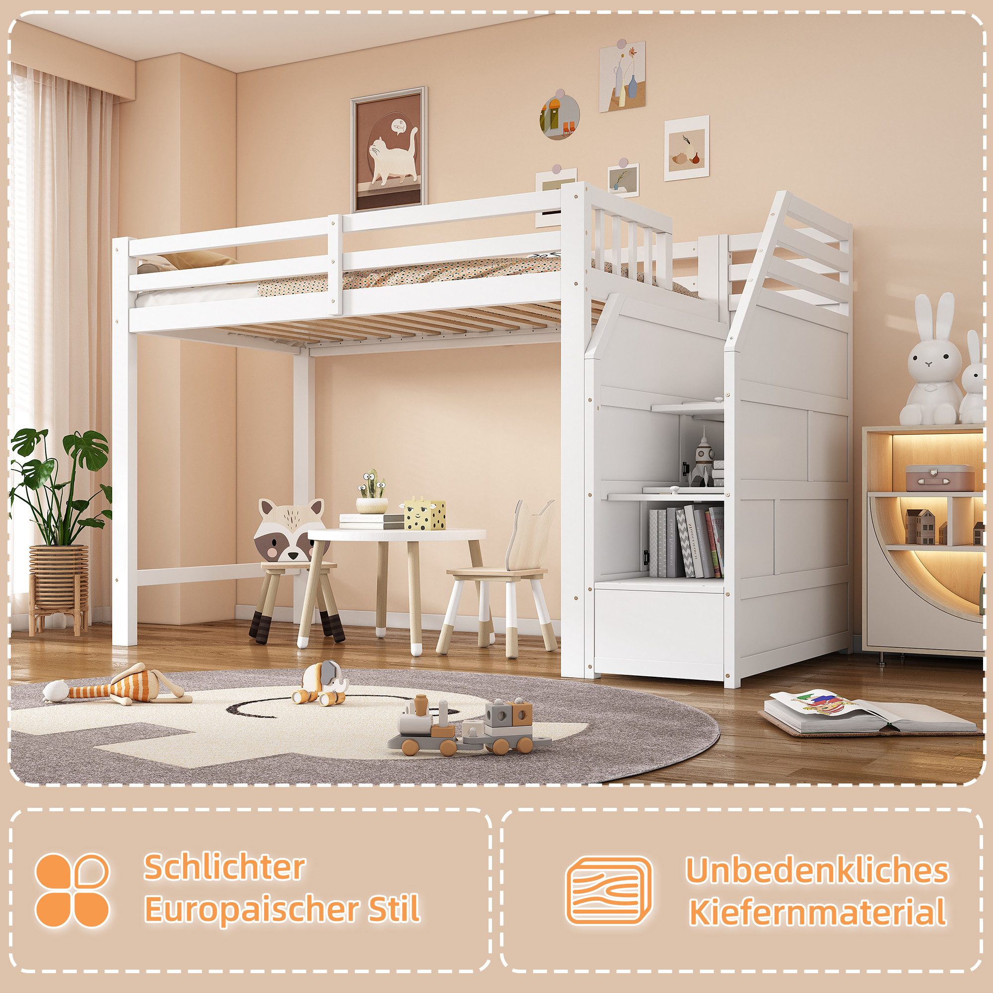 Ulife Loft Bed, Children's Bed, Youth Bed, Wooden Bed, Free Space Under the Bed (without mattress), Creative Storage Ladder, 90x200cm