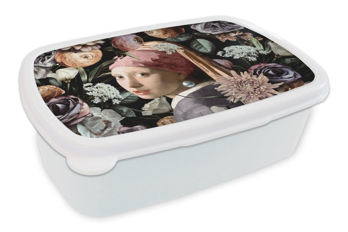 MuchoWow Lunchbox Mädchen mit (2-tlg), Kunstwerk Kinder für Vermeer und Erwachsene, - Blumen - -, Pastell Kunststoff, für Brotdose, Jungs - Perlenohrring und - Mädchen Brotbox weiß