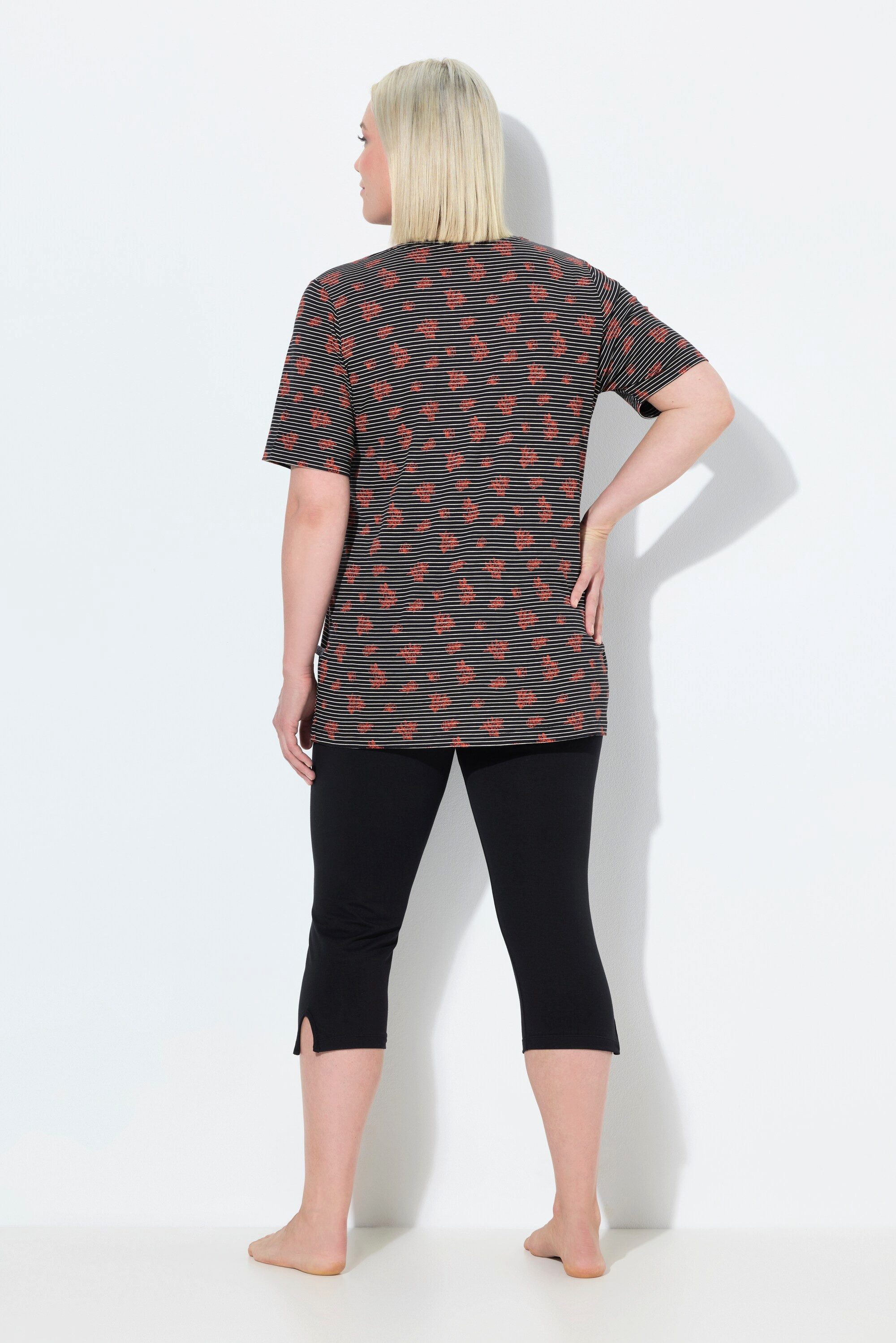 Ulla Popken Pyjama Pyjama V-Ausschnitt Halbarm Caprihose günstig online kaufen