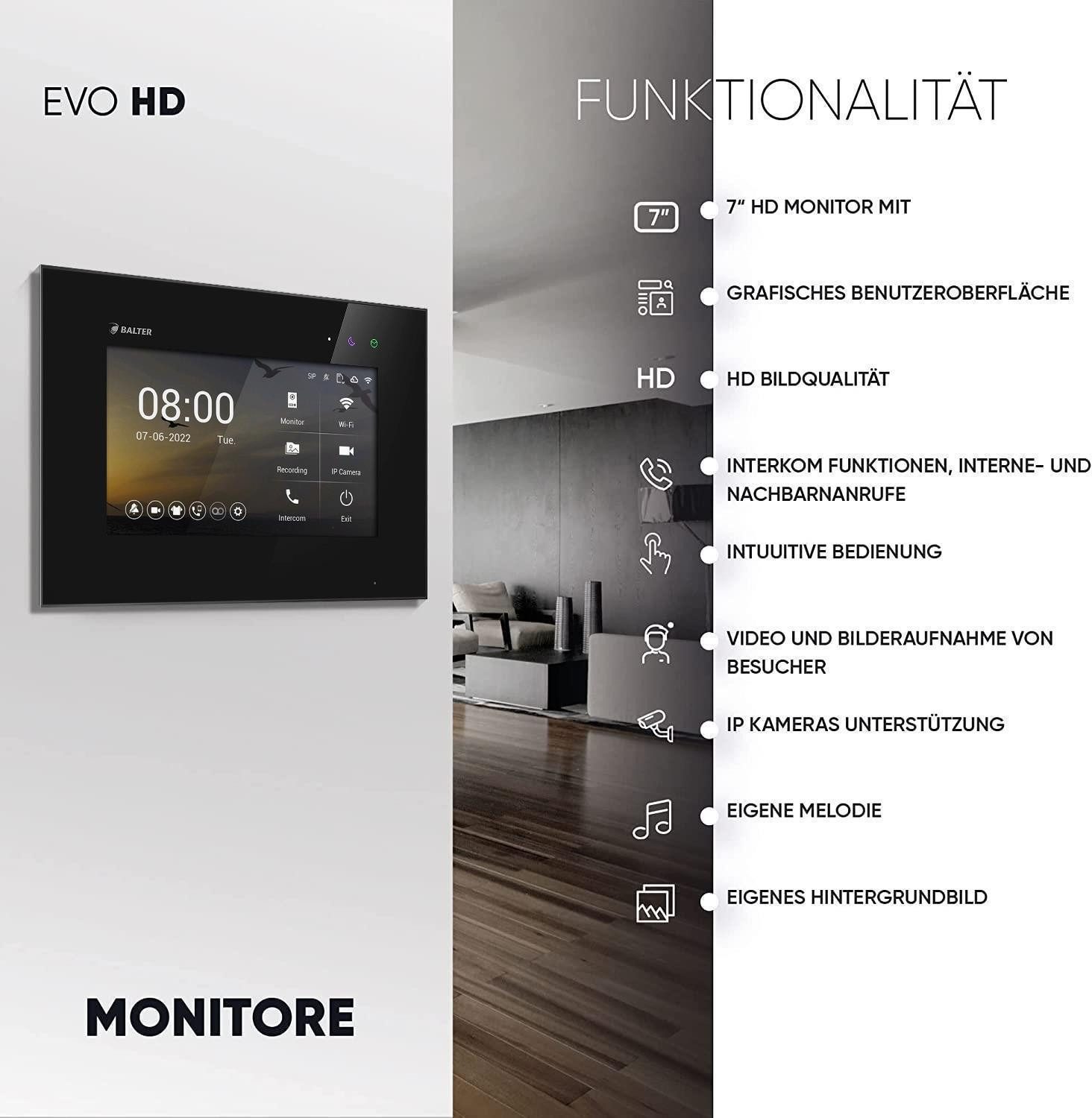 Balter Video-Türsprechanlage EVO HD für 1 Familienhaus, 1x Monitor BL, Full HD, 2-Draht, Schwarz (Komplettset, 1-tlg., Full HD Video, Interkom, 2-Draht BUS)
