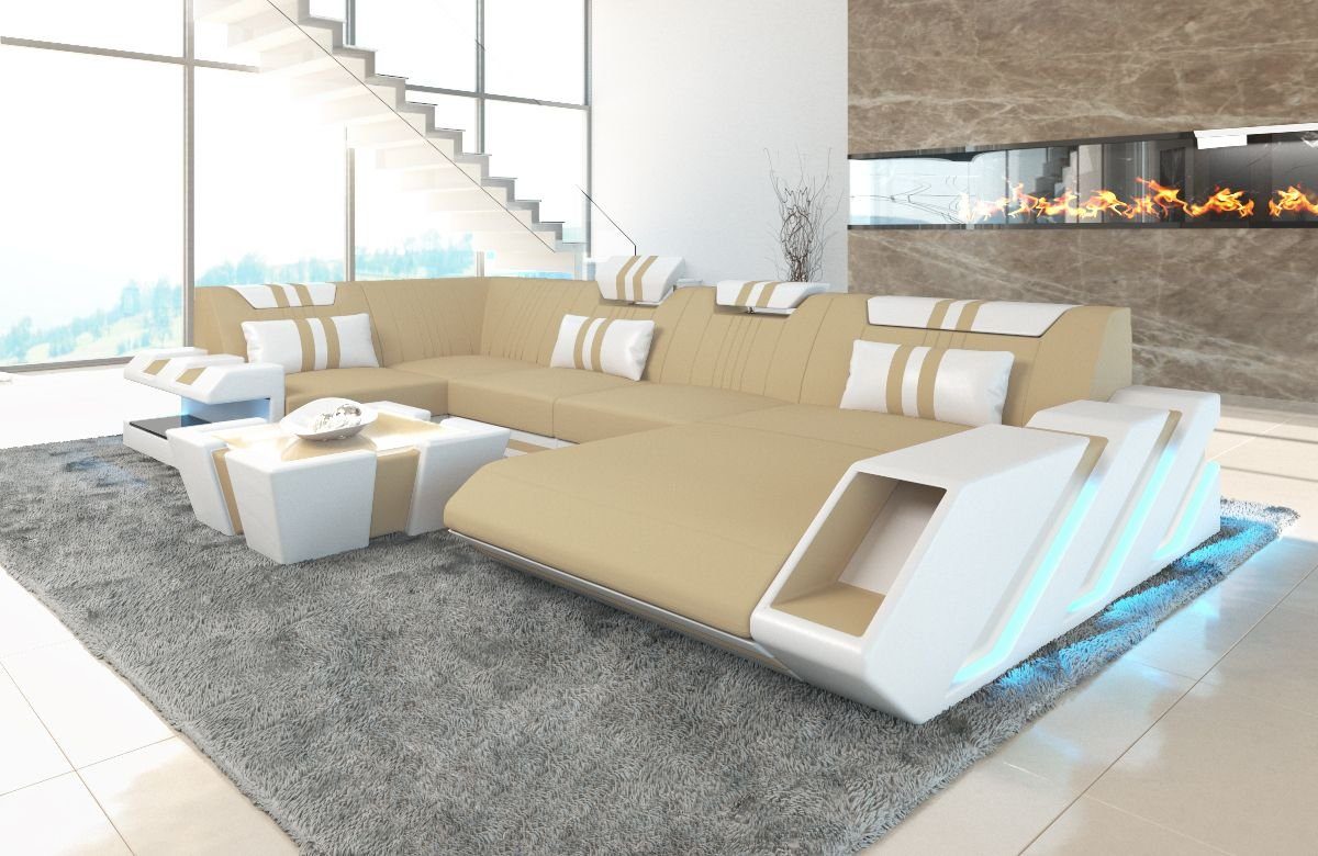 Sofa Dreams Wohnlandschaft Sofa Stoff Couch Apollonia U Form Polster Stoffsofa, mit LED, wahlweise mit Bettfunktion als Schlafsofa, Designersofa C81 Beige-Weiss
