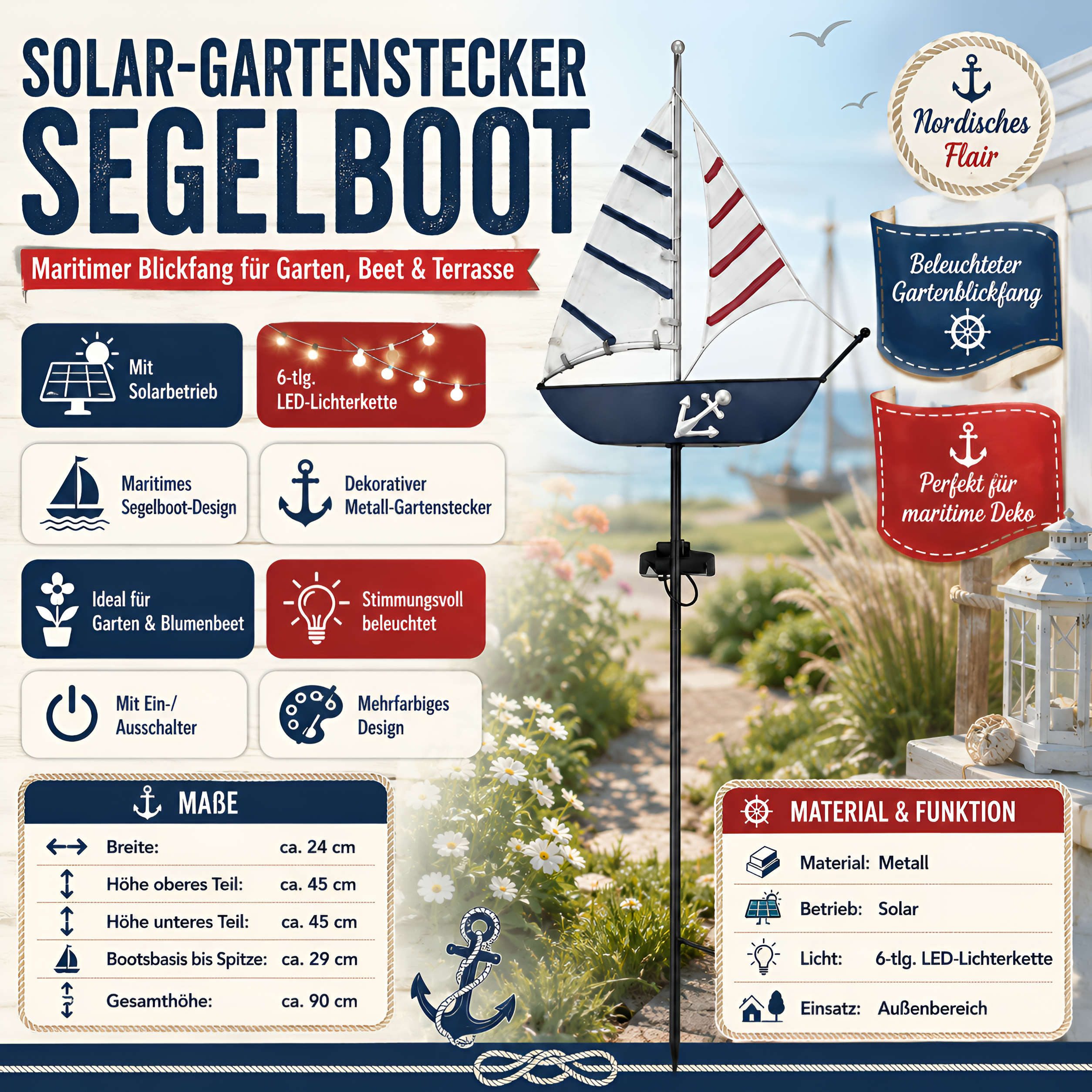 colourliving LED-Dekofigur LED Solar-Gartenstecker »Leuchtturm & Segelboot« für Garten und Beet, Maritimes Design, Solarbetrieb