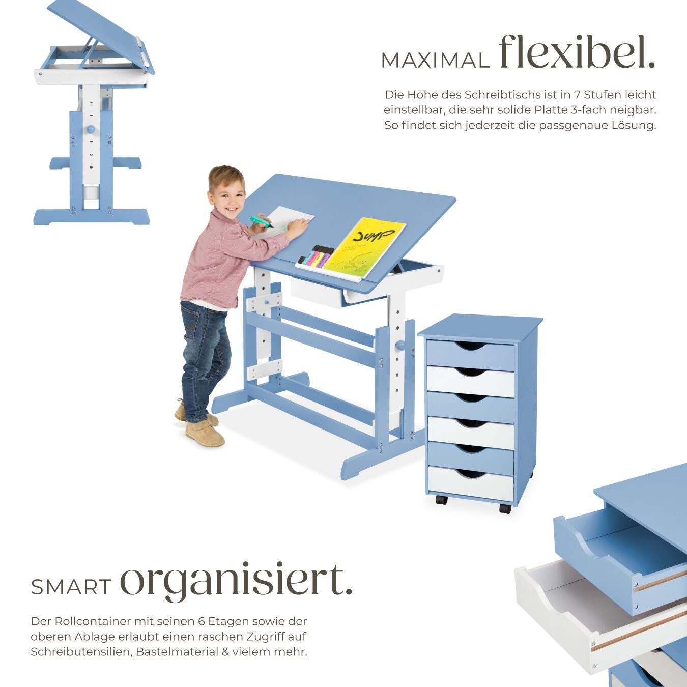 tectake Kinderschreibtisch Höhenverstellbarer Jugendschreibtisch, elektrisch, abgerundete (Schülerschreibtisch, 1-St., in blau), Aus Holz, Tischplatte neigbar & 7-fach höhenverstellbar, 63 bis 94 cm