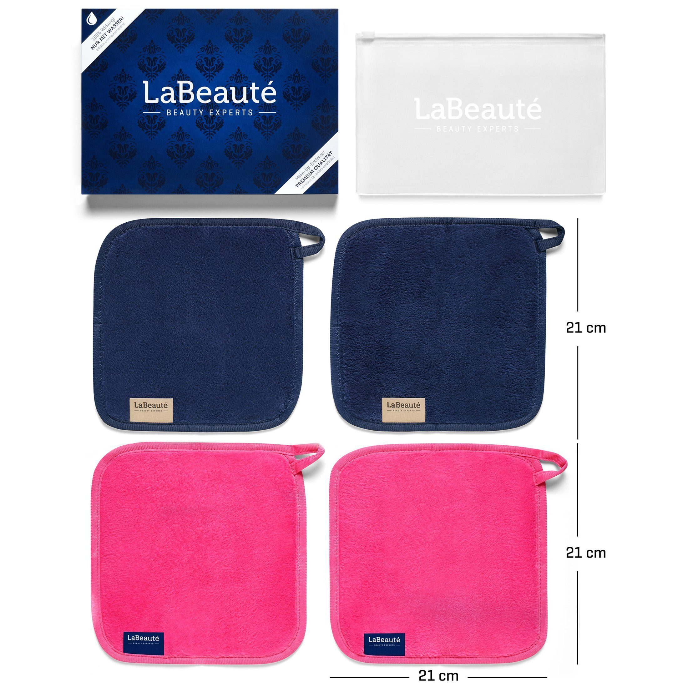 LaBeauté Gesichtsreinigungstuch Abschminktücher Mikrofaser 21x21 cm pink und dunkelblau, 4-tlg., (4 Stück) waschbar und wiederverwendbar