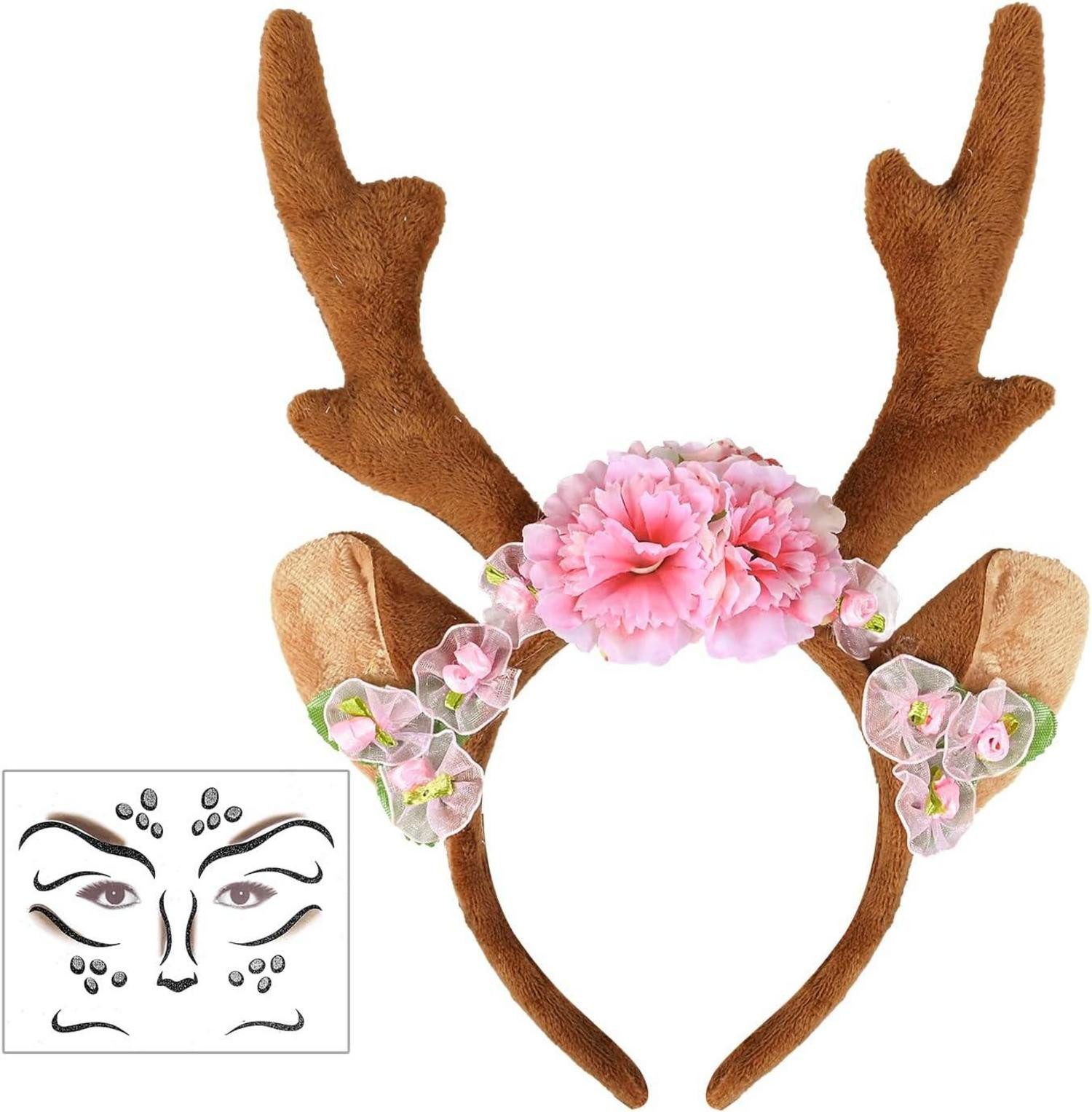Hängedekoration Karneval Kostüm Damen Mädchen Haarreif Reh Geweih mit Blumen + Face