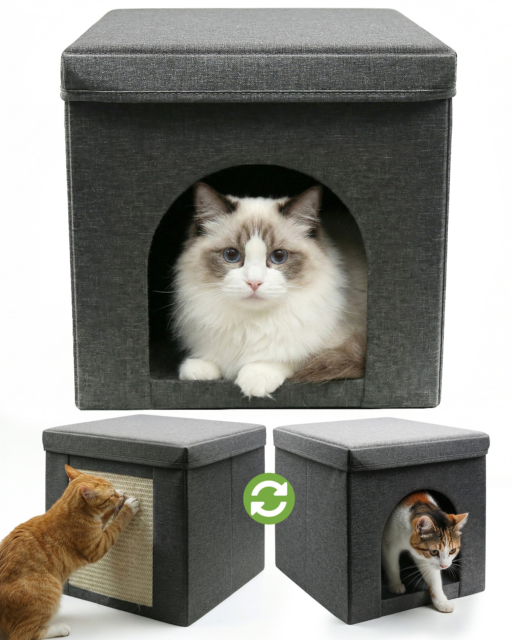 Zooprinz Katzenhaus Katzenhöhle Simba mit Kratzfläche und Wendekissen, faltbar, 36,5 × 36,5 × 36,5 cm, Anti-Rutsch-Boden, Leinenstoff, Grau