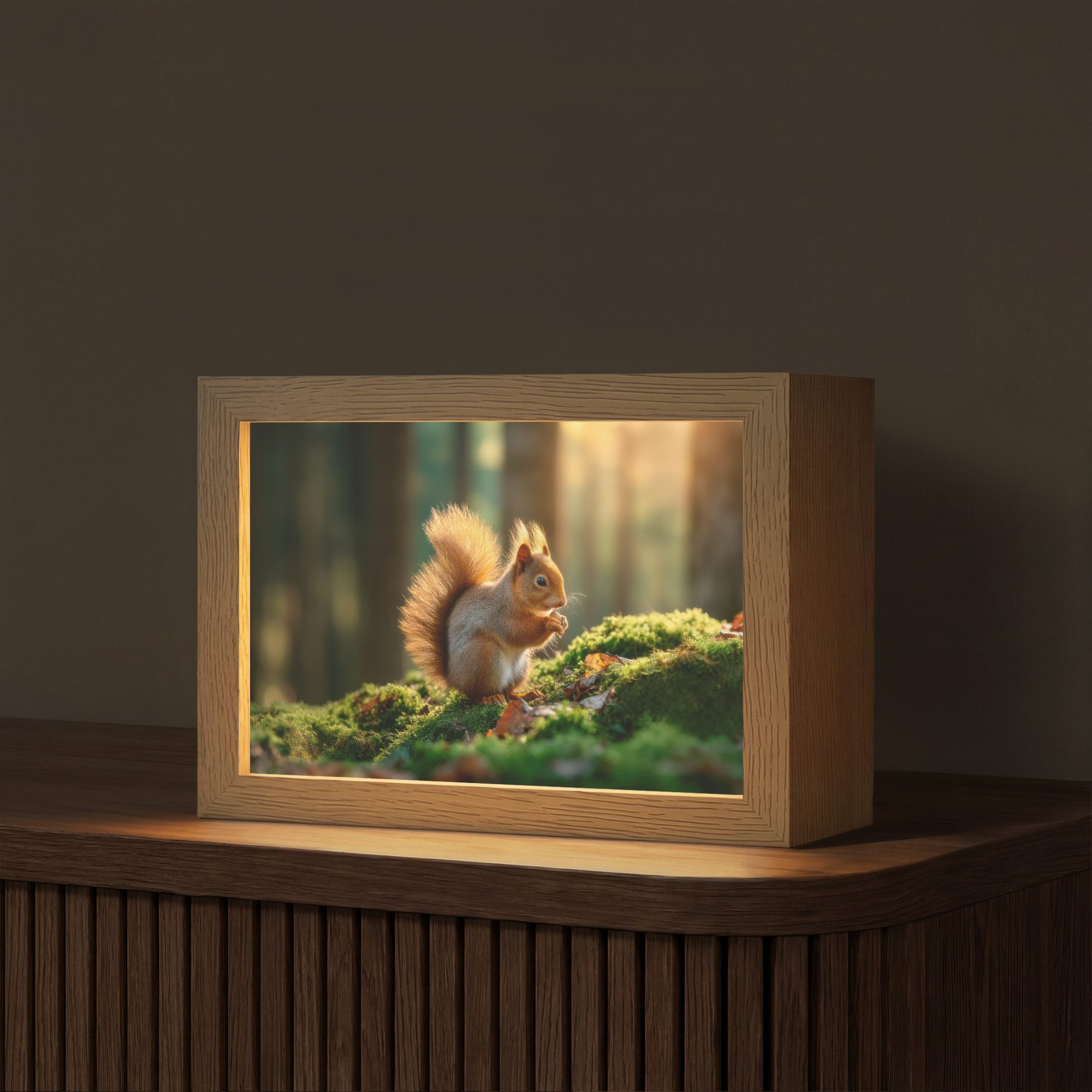 OnlyWow Tischleuchte Lightbox Eichhörnchen - Nuss - Gras, Dimmbar, Farbwechsel, LED, Warmweiß, Kaltweiß, Neutralweiß Einstellbar, Tischlampe, Schreibtischlampe, Desk, Dimmbar, mit Kabel, LED