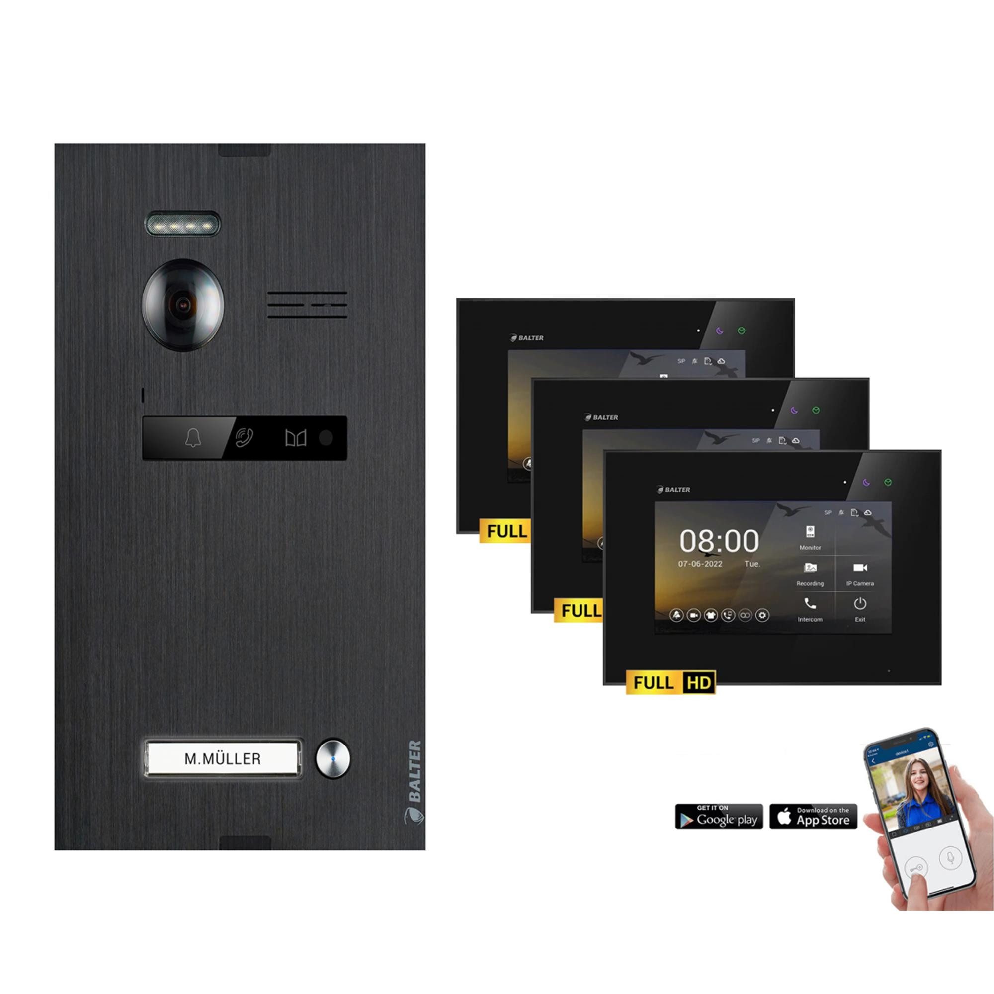 Balter Video-Türsprechanlage EVO-HD Komplettset 1-Familie Schwarz 3x 7" WLAN Monitore Schwarz (Set, 1-Familienhaus, Komplettset, FullHD Kamera, mit App)