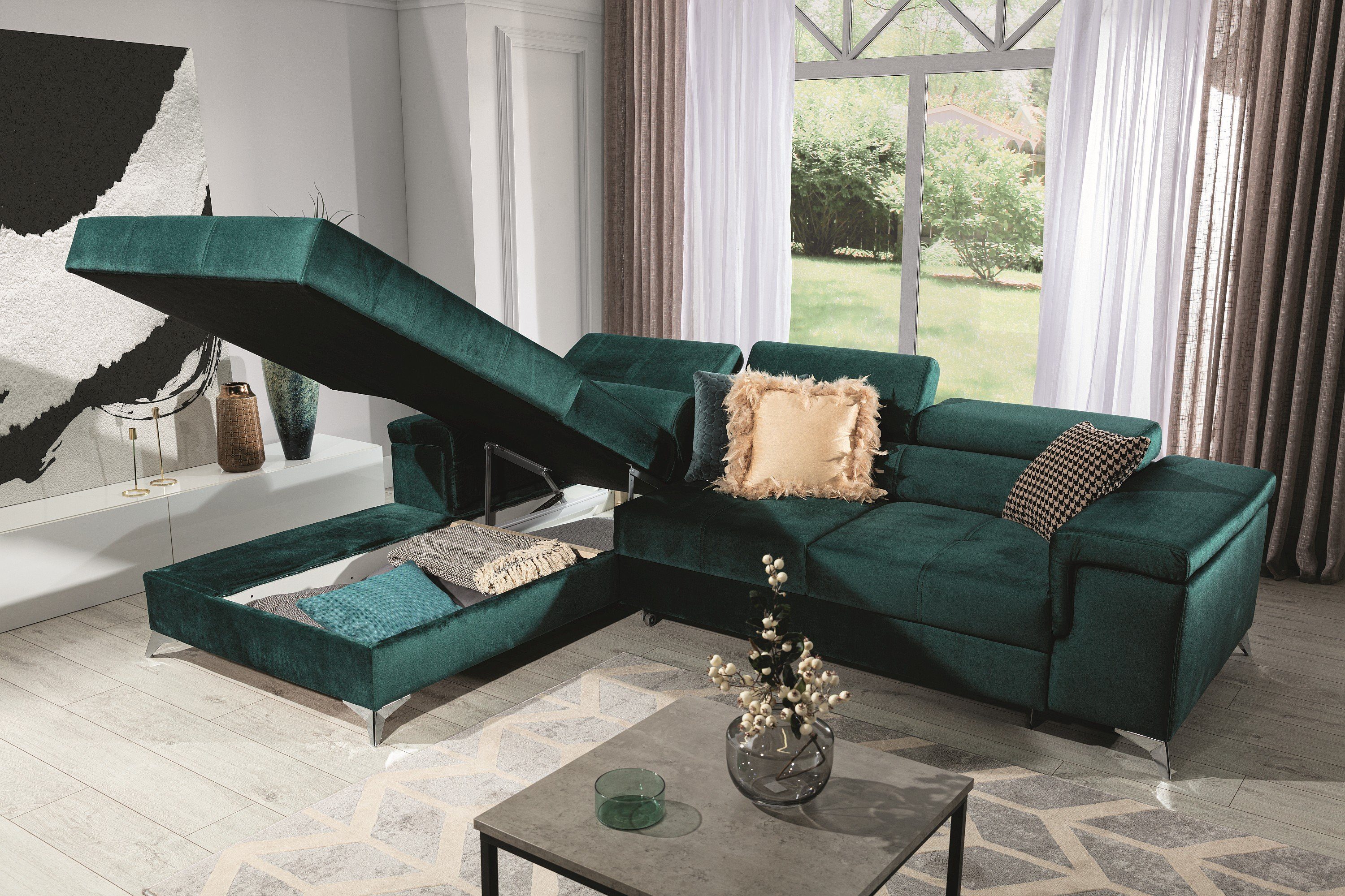 Möbel für Dich Ecksofa 37 verstellbaren Bettkasten mit grün und Angula, Monolith Schlaffunktion, Kopfstützen
