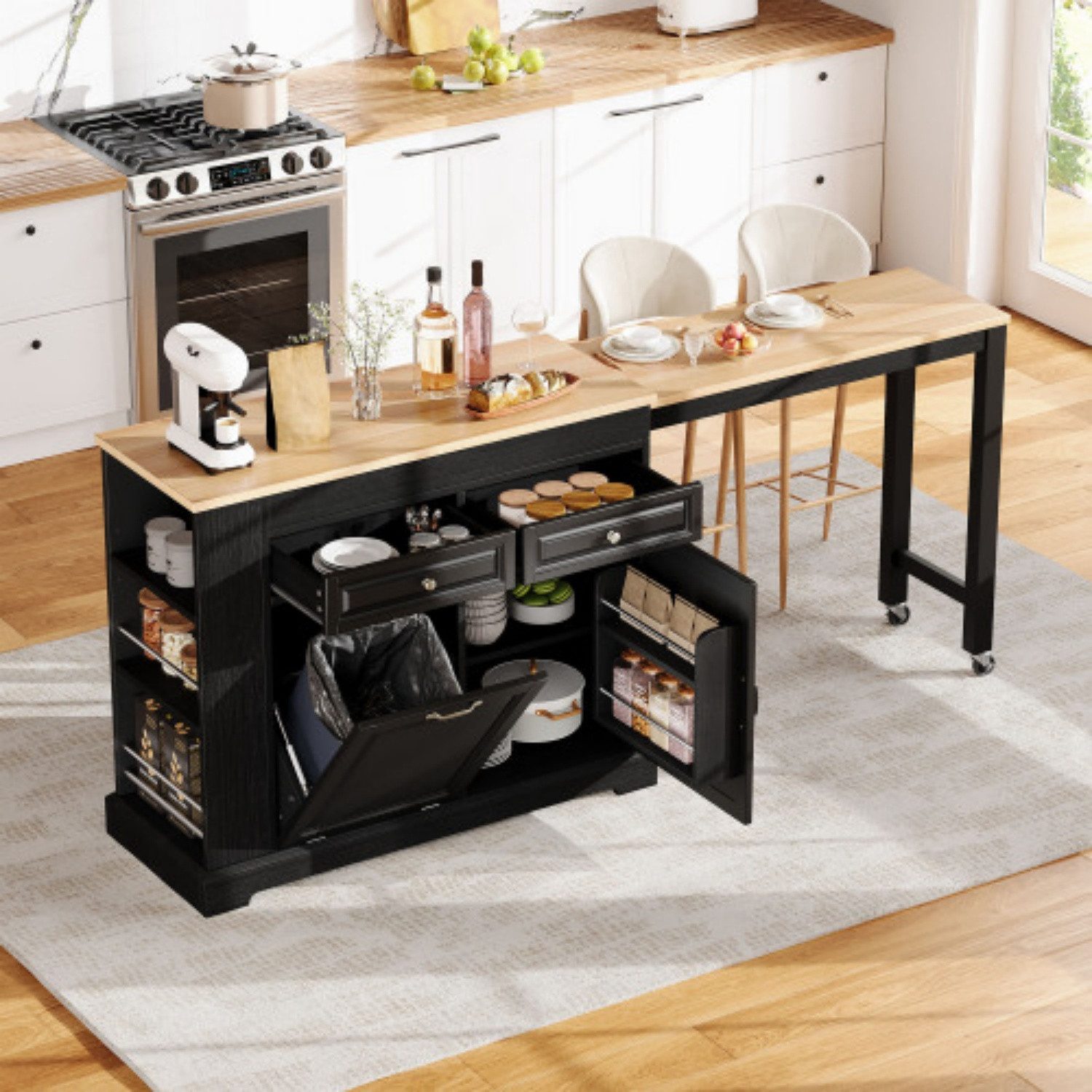 ANYSUN Kücheninsel ausziehbar, mit Rollen, Schubladen & Abfallbehälterfach, 112–180 cm Arbeitsfläche, freistehend, für Küche & Esszimmer