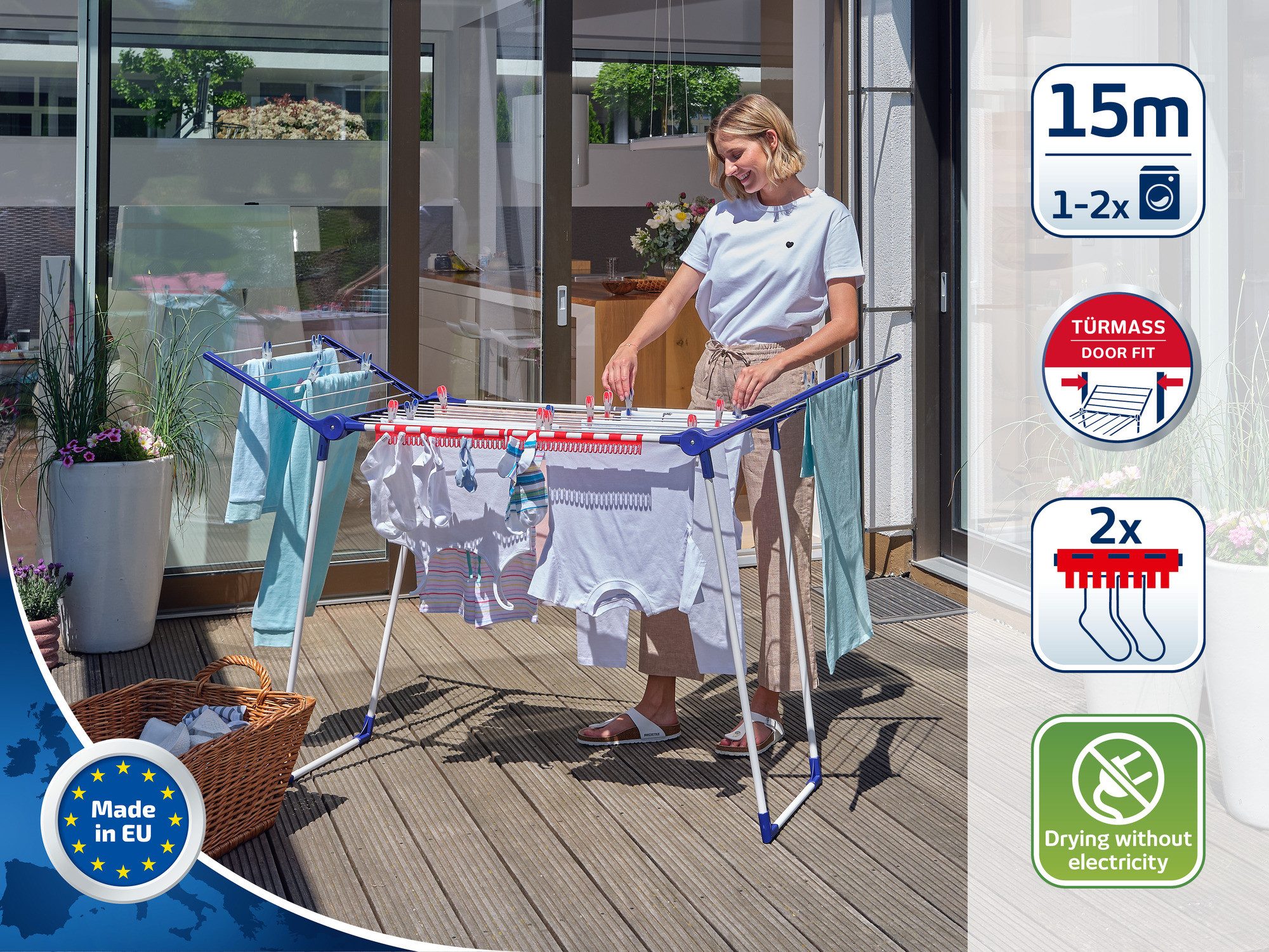 Leifheit Wäscheständer Standtrockner Pegasus 150 Solid Slim, 15m Trockenlänge, 105cm Flügelhöhe, 55cm breit, zusammenklappbar