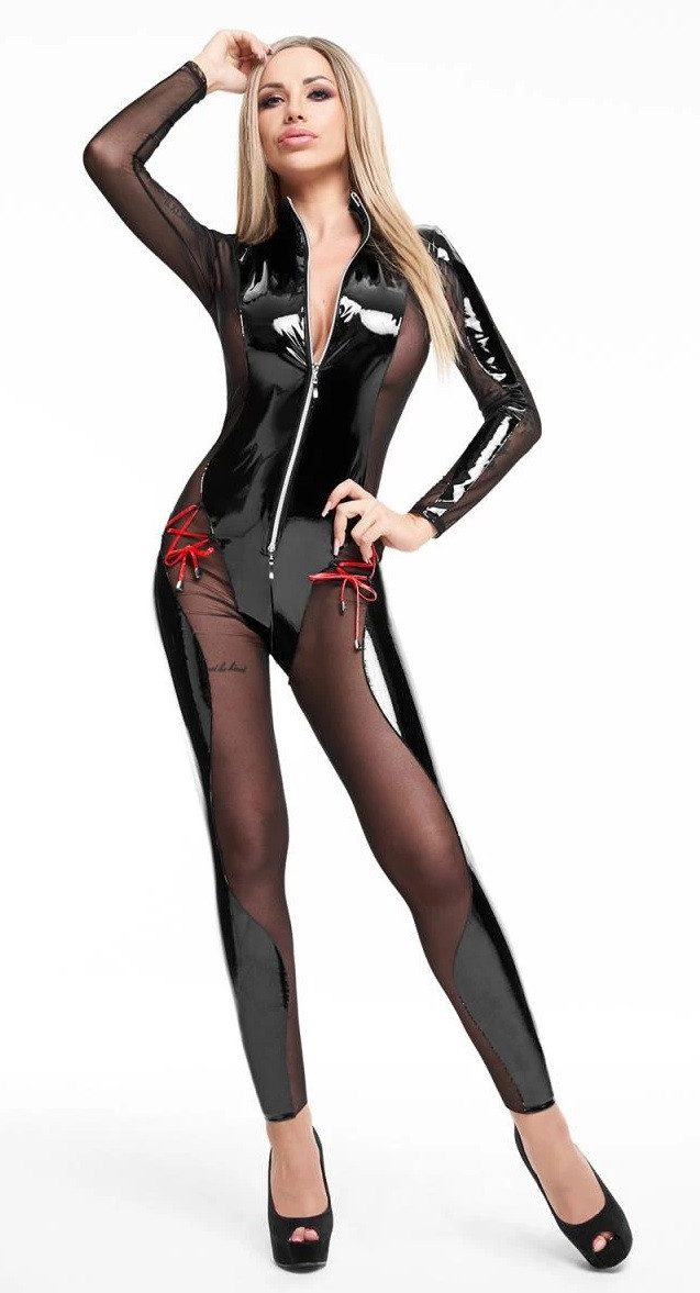 7Heaven Overall Catsuit mit 2-Wege-Reißverschluss, Netzpartien und roten Schnürdetails