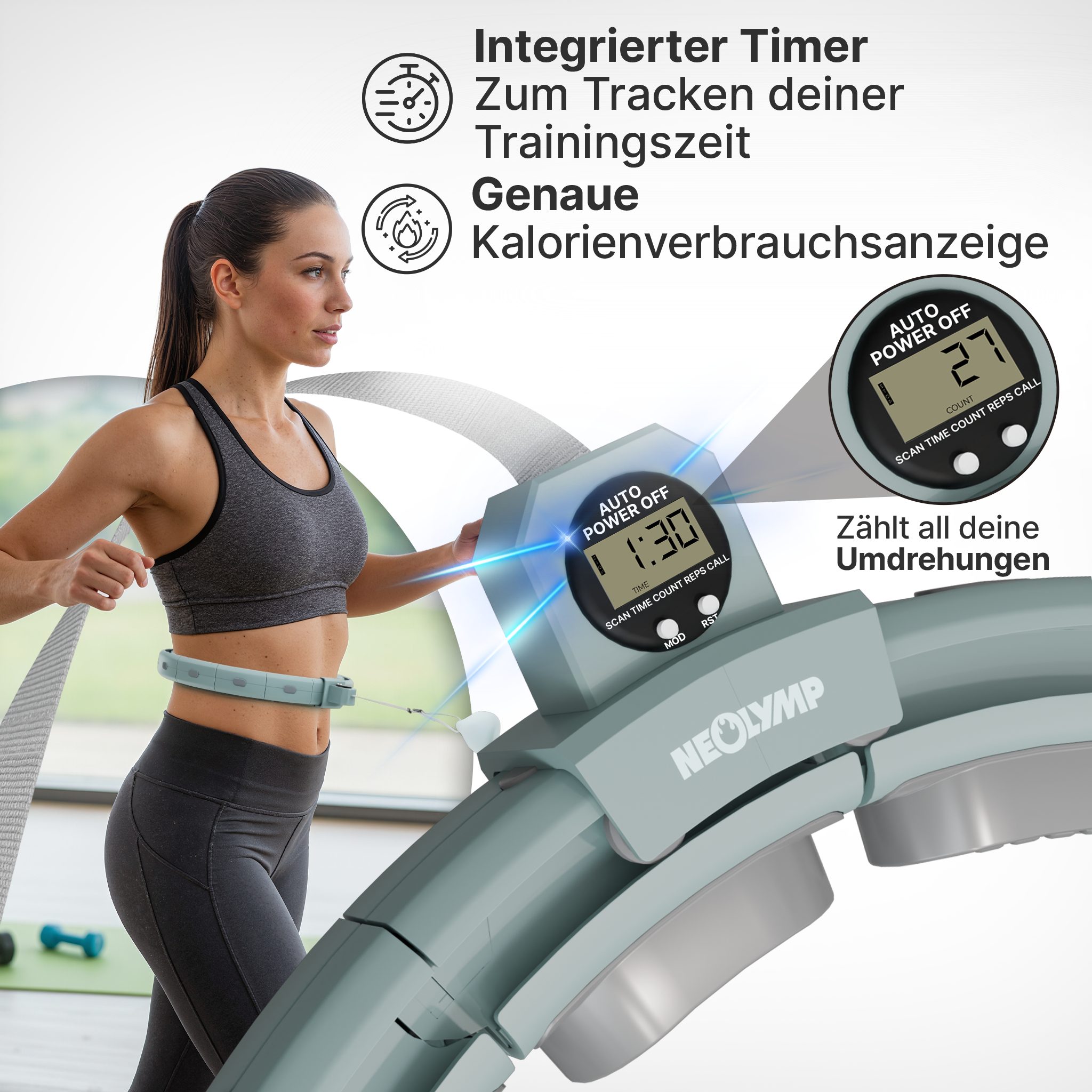 NEOLYMP Hula-Hoop-Reifen Hula Hoop Reifen Erwachsene – Fitness Ring leise verstellbar 29–40 cm (Smarter Hula Hoop Reifen verstellbar 29–40 cm Klick-System, Home Gym), Gymnastikreifen mit Tracking für Zeit, Umdrehungen und Kalorien
